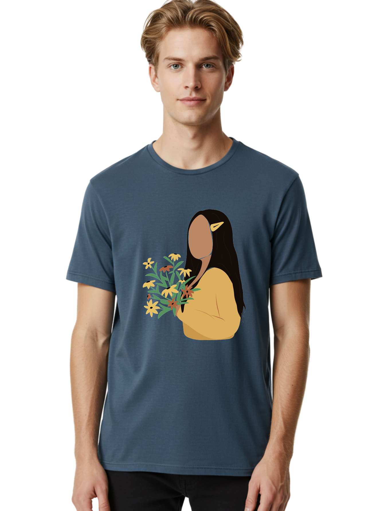 Woman-With-Flowers Men'S Graphic Tee, 100% Cotton, Comfortable Casual Summer Wear, Machine Washable, Woman Holding Flowers, Simple Illustration, Minimalist Design, Yellow Flowers, Long Black Hair, Yellow Shirt, Elegance, Simplicity, Aae074 22