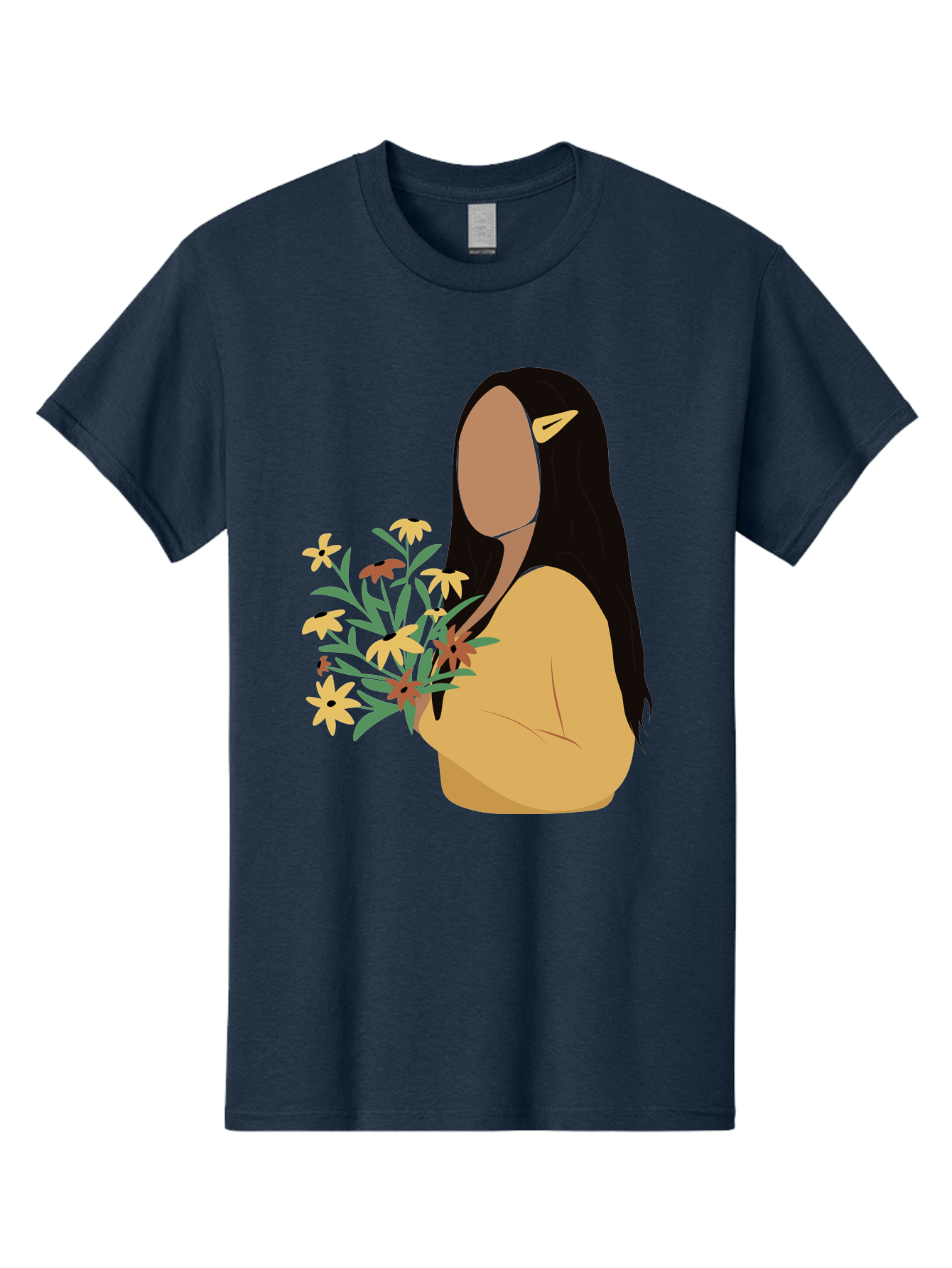 Woman-With-Flowers Men'S Graphic Tee, 100% Cotton, Comfortable Casual Summer Wear, Machine Washable, Woman Holding Flowers, Simple Illustration, Minimalist Design, Yellow Flowers, Long Black Hair, Yellow Shirt, Elegance, Simplicity, Aae074 7