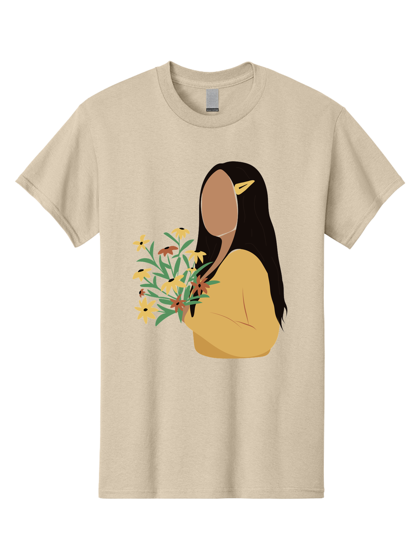 Woman-With-Flowers Men'S Graphic Tee, 100% Cotton, Comfortable Casual Summer Wear, Machine Washable, Woman Holding Flowers, Simple Illustration, Minimalist Design, Yellow Flowers, Long Black Hair, Yellow Shirt, Elegance, Simplicity, Aae074 29