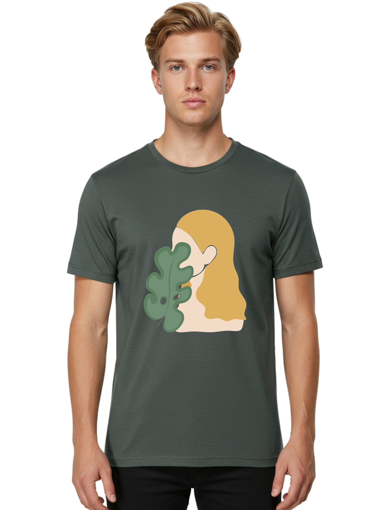 Woman-With-Leaf Men'S Graphic Tee, 100% Cotton, Comfortable Casual Summer Wear, Machine Washable, Woman Holding Leaf, Abstract Art, Minimalist Design, Green Leaves, Long Hair, Digital Illustration, Modern Artwork, Creative Portrait Aae075 30