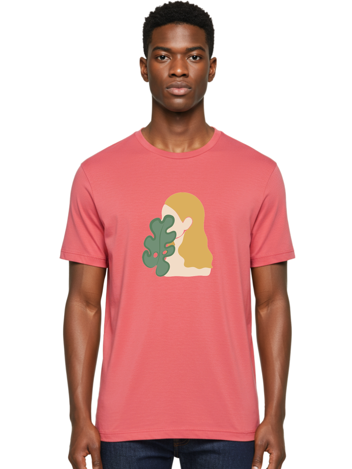 Woman-With-Leaf Men'S Graphic Tee, 100% Cotton, Comfortable Casual Summer Wear, Machine Washable, Woman Holding Leaf, Abstract Art, Minimalist Design, Green Leaves, Long Hair, Digital Illustration, Modern Artwork, Creative Portrait Aae075 2