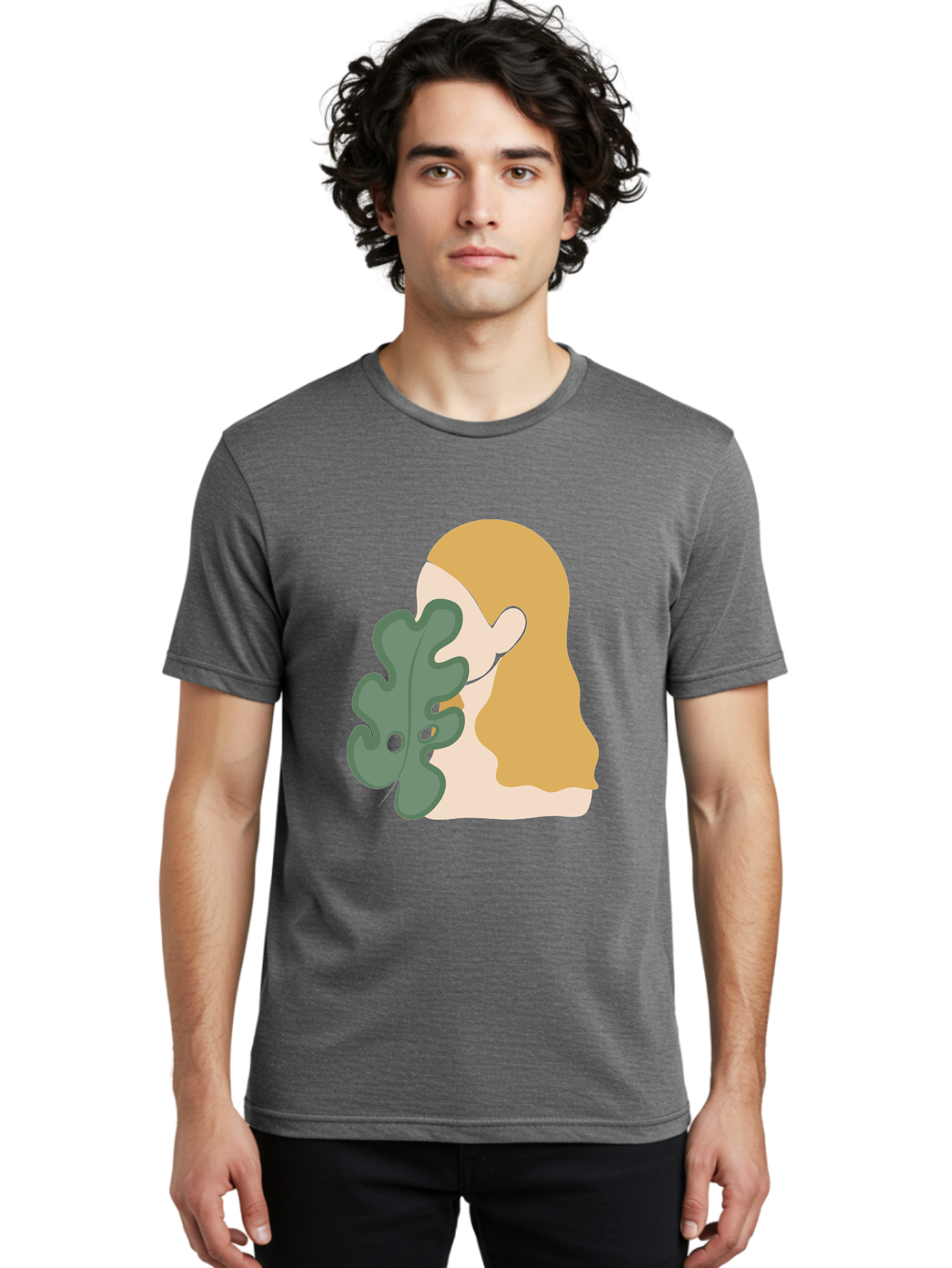 Woman-With-Leaf Men'S Graphic Tee, 100% Cotton, Comfortable Casual Summer Wear, Machine Washable, Woman Holding Leaf, Abstract Art, Minimalist Design, Green Leaves, Long Hair, Digital Illustration, Modern Artwork, Creative Portrait Aae075 10