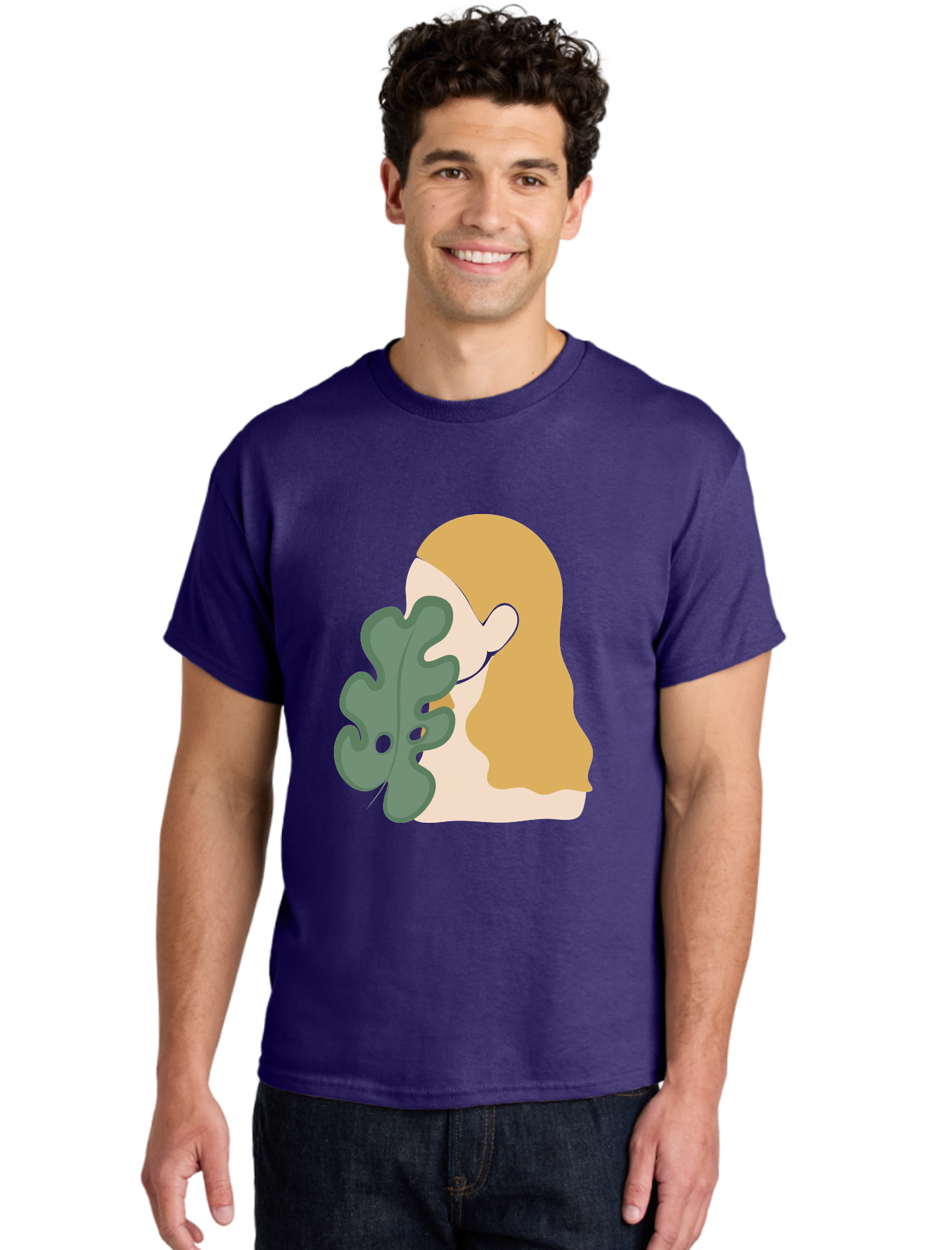 Woman-With-Leaf Men'S Graphic Tee, 100% Cotton, Comfortable Casual Summer Wear, Machine Washable, Woman Holding Leaf, Abstract Art, Minimalist Design, Green Leaves, Long Hair, Digital Illustration, Modern Artwork, Creative Portrait Aae075 6