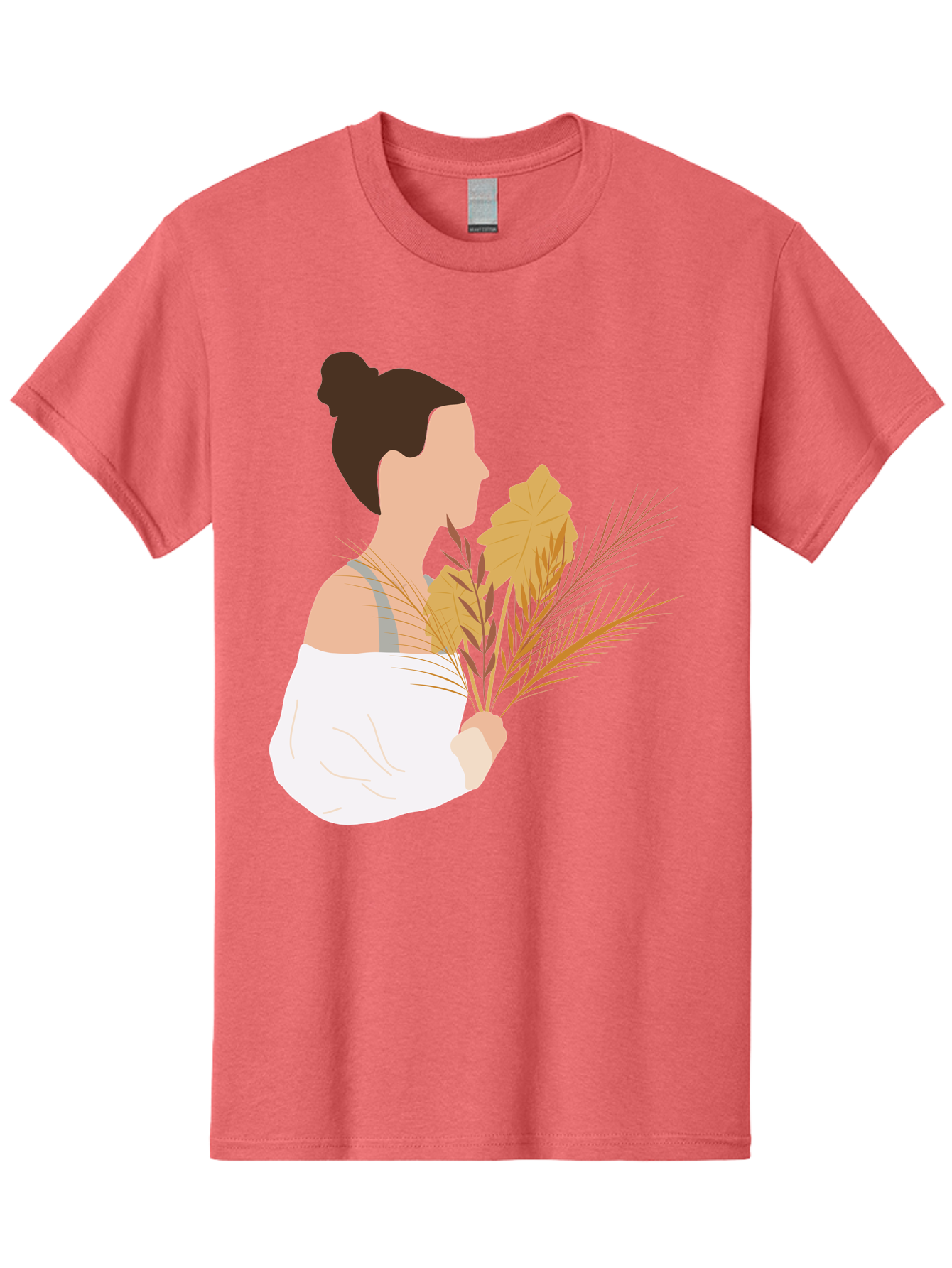 Woman-With-Leaves-1 Men'S Graphic Tee, 100% Cotton, Comfortable Casual Summer Wear, Machine Washable, Woman With Brown Hair Bun, White Shirt, Holding Plants, Golden Leaves, Green Stems, Relaxed Atmosphere, Natural Beauty, Bohemian Style, Aae076 19
