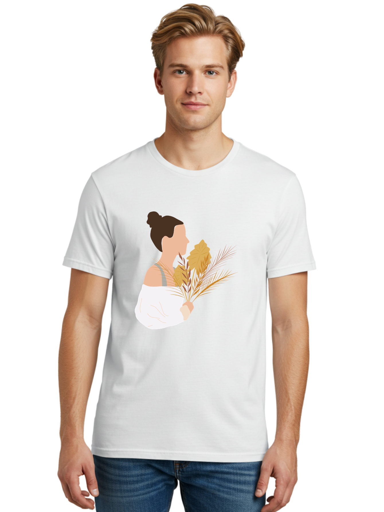 Woman-With-Leaves-1 Men'S Graphic Tee, 100% Cotton, Comfortable Casual Summer Wear, Machine Washable, Woman With Brown Hair Bun, White Shirt, Holding Plants, Golden Leaves, Green Stems, Relaxed Atmosphere, Natural Beauty, Bohemian Style, Aae076 4