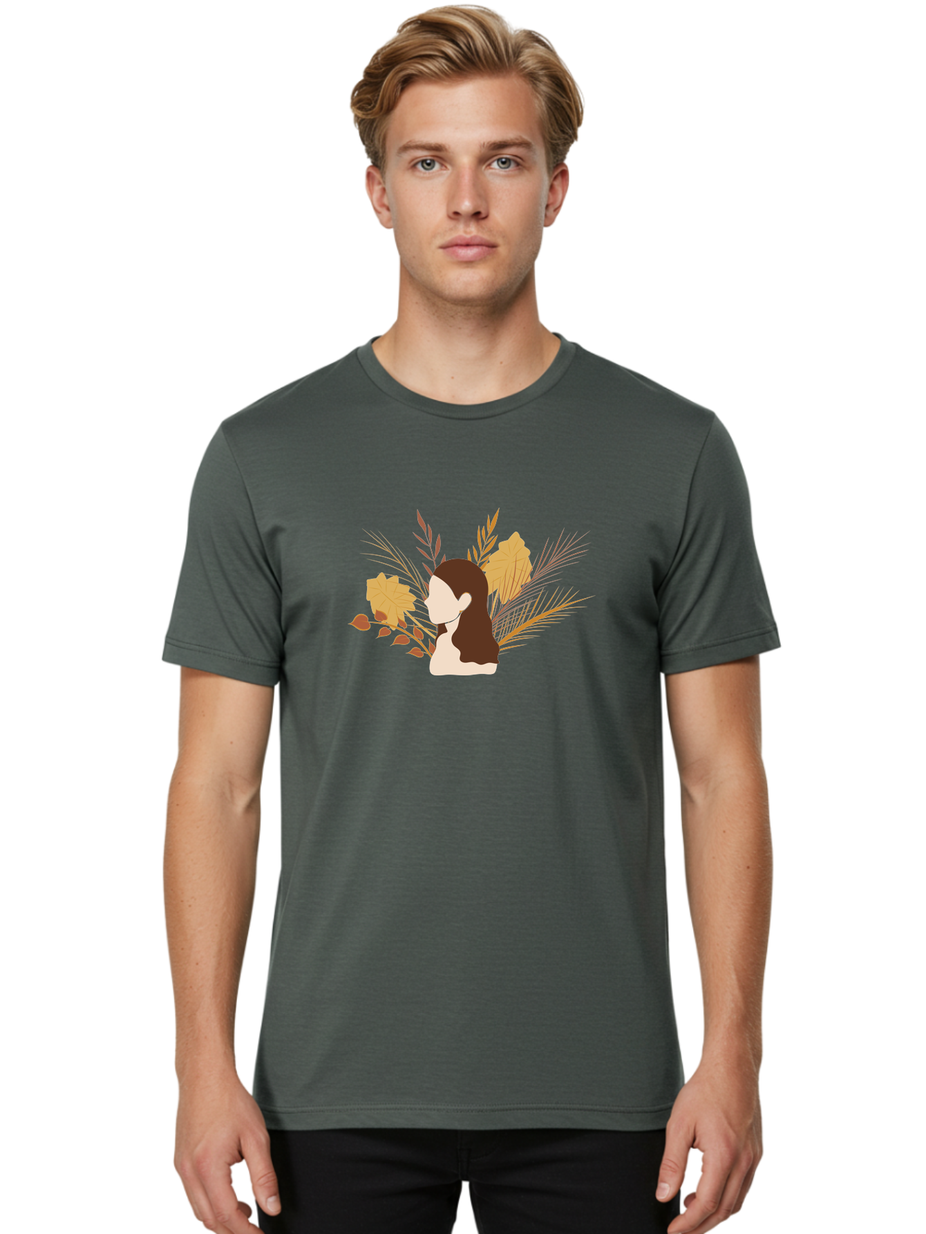 Woman-With-Leaves-2 Men'S Graphic Tee, 100% Cotton, Comfortable Casual Summer Wear, Machine Washable, Woman With Long Hair, Autumn Leaves, Fall Foliage, Nature-Inspired Design, Earthy Tones, Female Figure, Leaves Blowing, Serene Atmosphere, Aae077 20