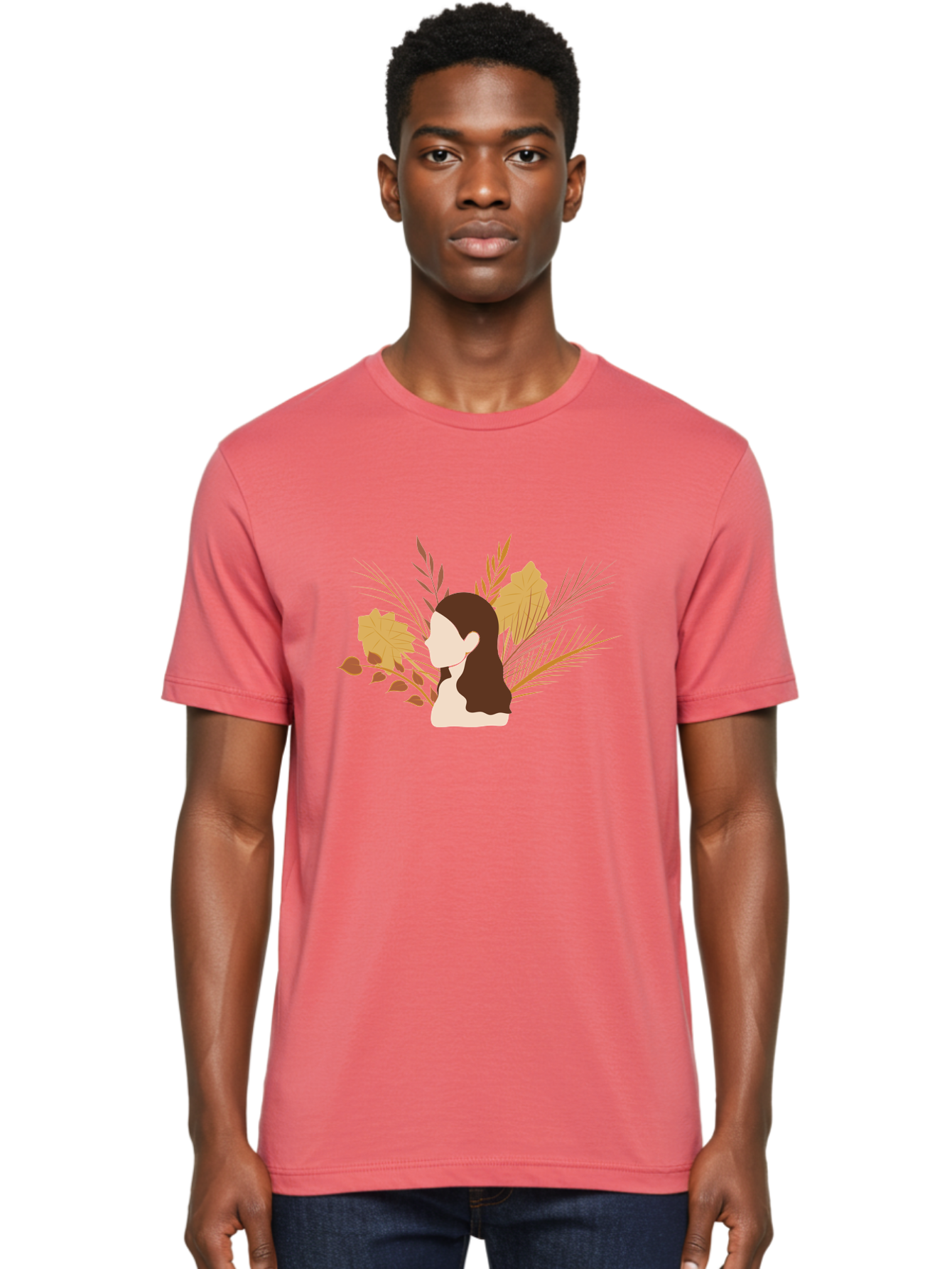Woman-With-Leaves-2 Men'S Graphic Tee, 100% Cotton, Comfortable Casual Summer Wear, Machine Washable, Woman With Long Hair, Autumn Leaves, Fall Foliage, Nature-Inspired Design, Earthy Tones, Female Figure, Leaves Blowing, Serene Atmosphere, Aae077 30