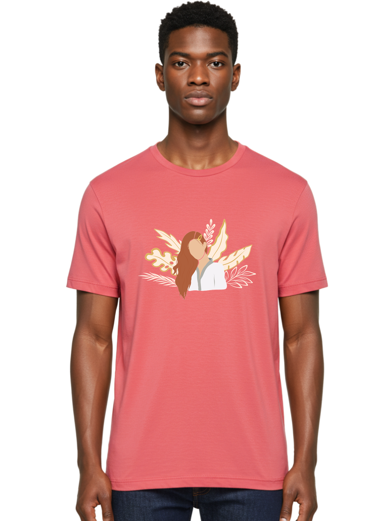 Woman-With-Leaves Men'S Graphic Tee, 100% Cotton, Comfortable Casual Summer Wear, Machine Washable, Woman With Long Hair, Leaves Surrounding Face, Minimalist Illustration, Simple Shapes, Natural Elements, Abstract Portrait, Modern Art, Aae078 28