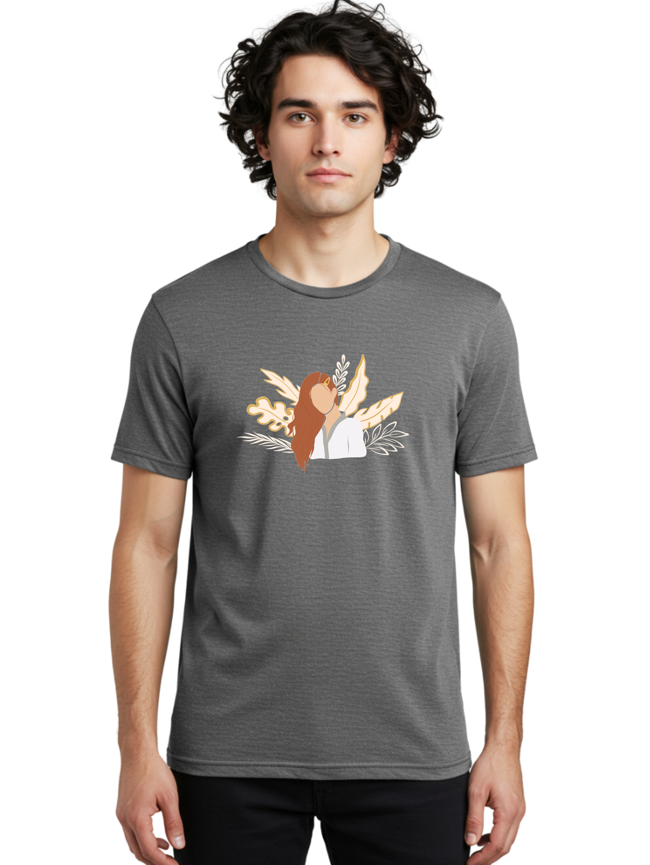 Woman-With-Leaves Men'S Graphic Tee, 100% Cotton, Comfortable Casual Summer Wear, Machine Washable, Woman With Long Hair, Leaves Surrounding Face, Minimalist Illustration, Simple Shapes, Natural Elements, Abstract Portrait, Modern Art, Aae078 4