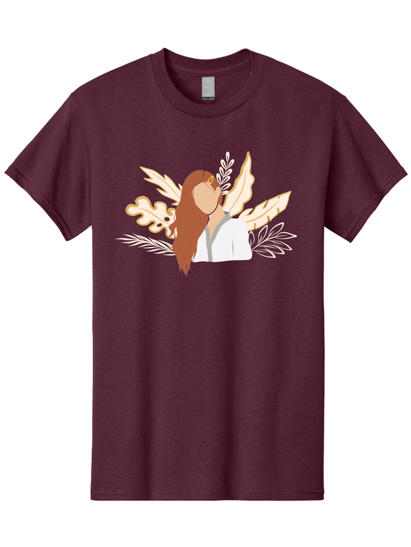 Woman-With-Leaves Men'S Graphic Tee, 100% Cotton, Comfortable Casual Summer Wear, Machine Washable, Woman With Long Hair, Leaves Surrounding Face, Minimalist Illustration, Simple Shapes, Natural Elements, Abstract Portrait, Modern Art, Aae078 19