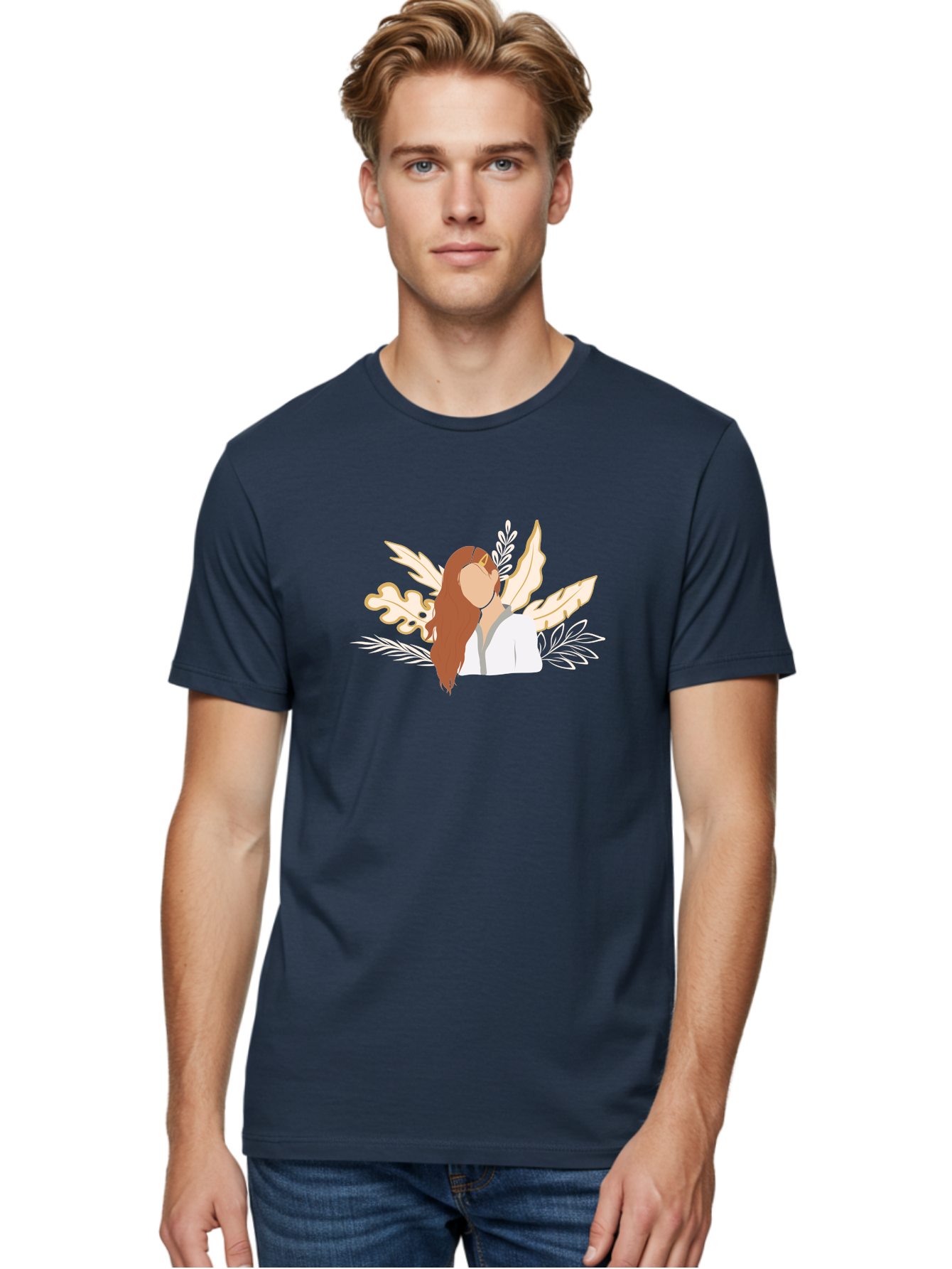 Woman-With-Leaves Men'S Graphic Tee, 100% Cotton, Comfortable Casual Summer Wear, Machine Washable, Woman With Long Hair, Leaves Surrounding Face, Minimalist Illustration, Simple Shapes, Natural Elements, Abstract Portrait, Modern Art, Aae078 14