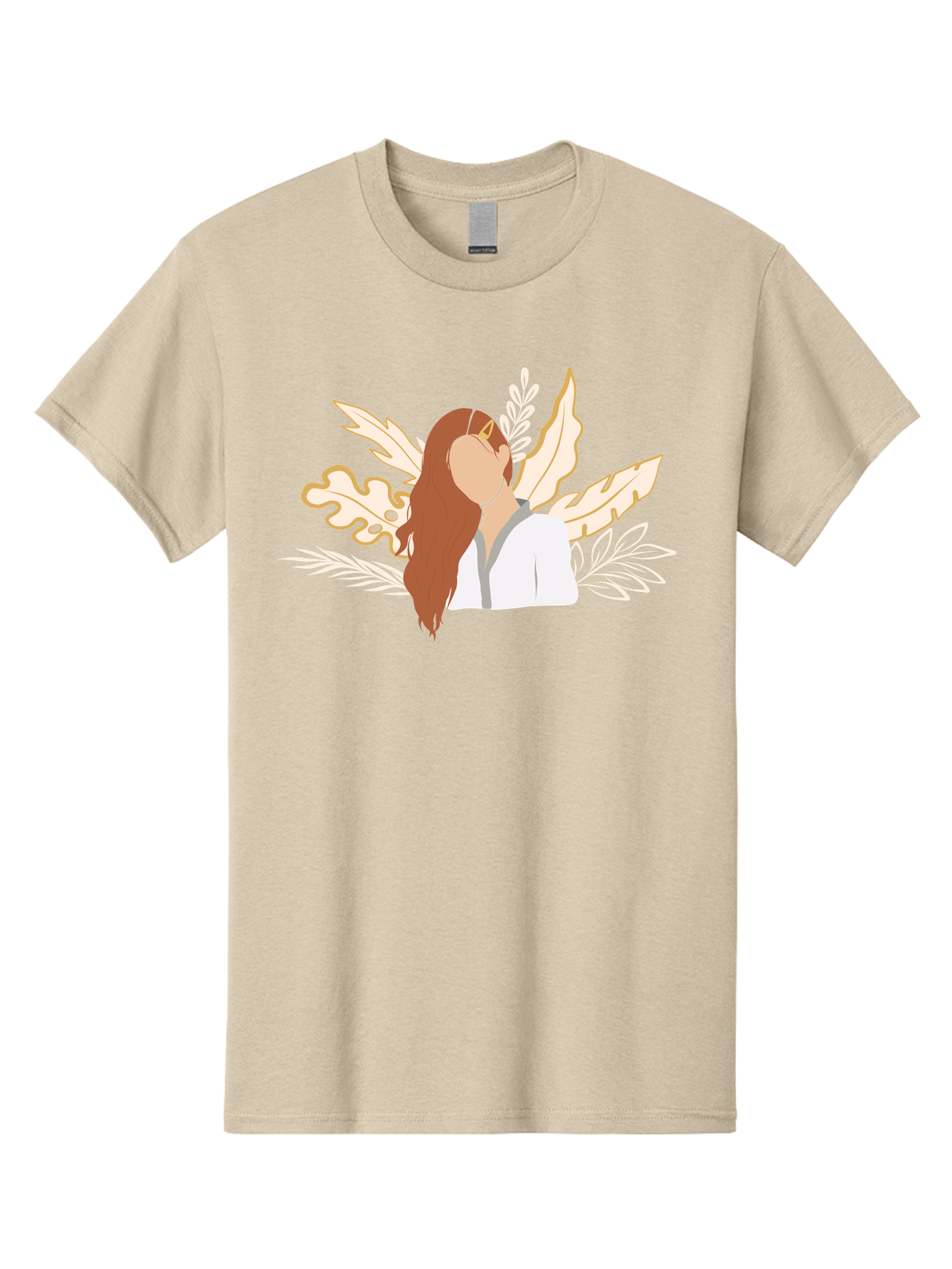 Woman-With-Leaves Men'S Graphic Tee, 100% Cotton, Comfortable Casual Summer Wear, Machine Washable, Woman With Long Hair, Leaves Surrounding Face, Minimalist Illustration, Simple Shapes, Natural Elements, Abstract Portrait, Modern Art, Aae078 25
