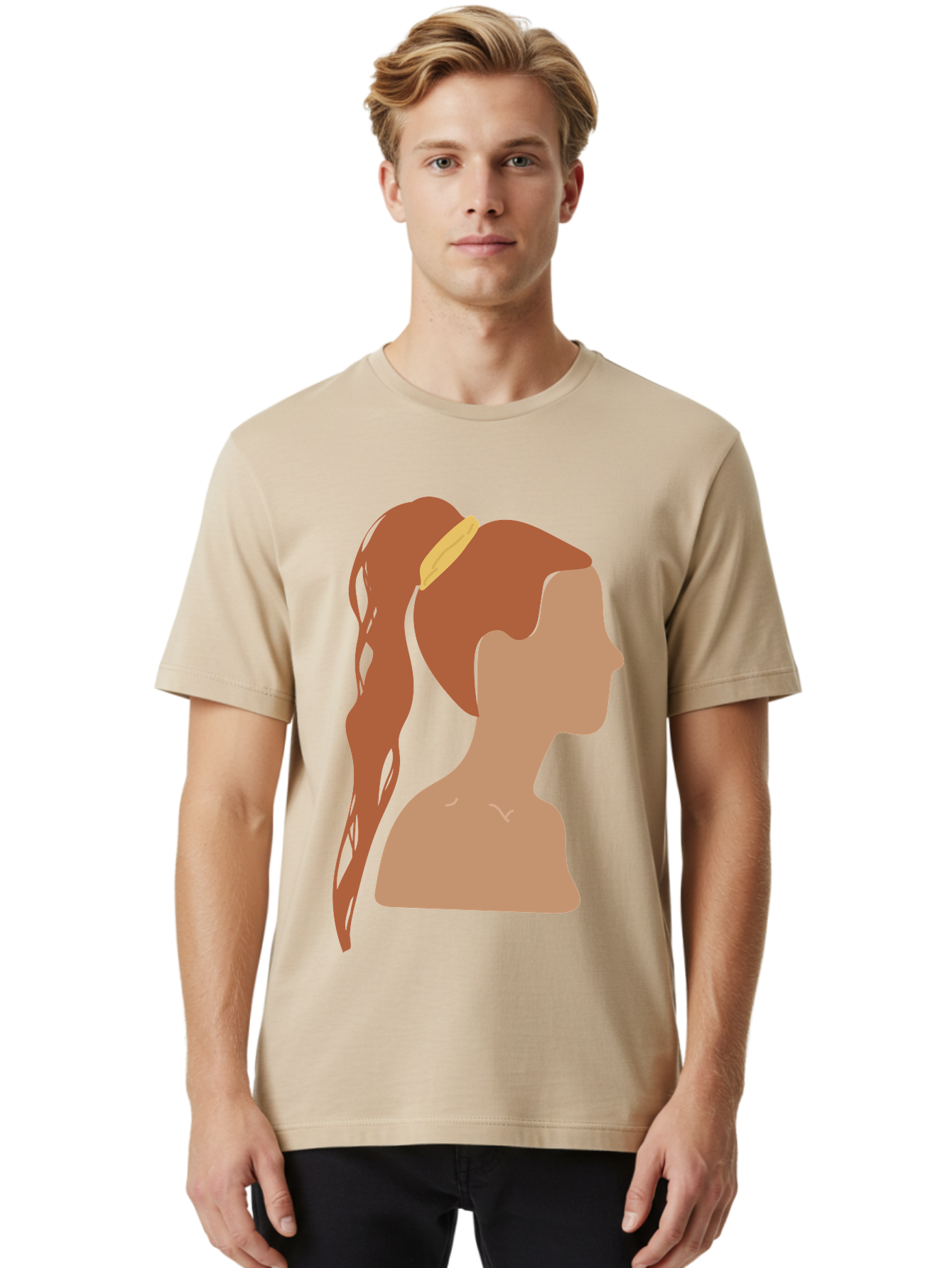 Woman-With-Pigtail Men'S Graphic Tee, 100% Cotton, Comfortable Casual Summer Wear, Machine Washable, Girl Profile, Pigtail Hairstyle, Yellow Hairband, Simple Illustration, Minimalist Design, Elegant Look, Simple Shapes, Cartoon-Style, Aae082 24