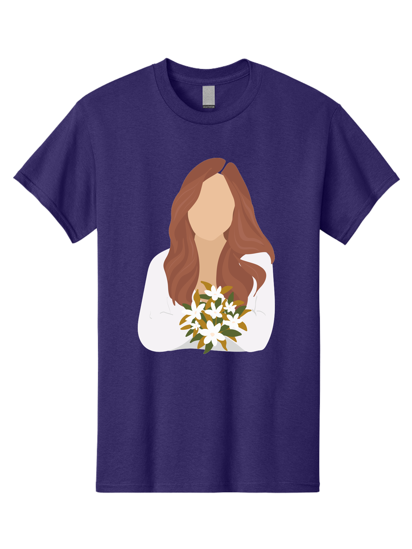 Woman-With-White-Flowers Men'S Graphic Tee, 100% Cotton, Comfortable Casual Summer Wear, Machine Washable, Woman With Long Hair, White Flowers, Bouquet, Elegant Style, Minimalist Design, Faceless Figure, Wavy Locks, Floral Arrangement, Aae083 19