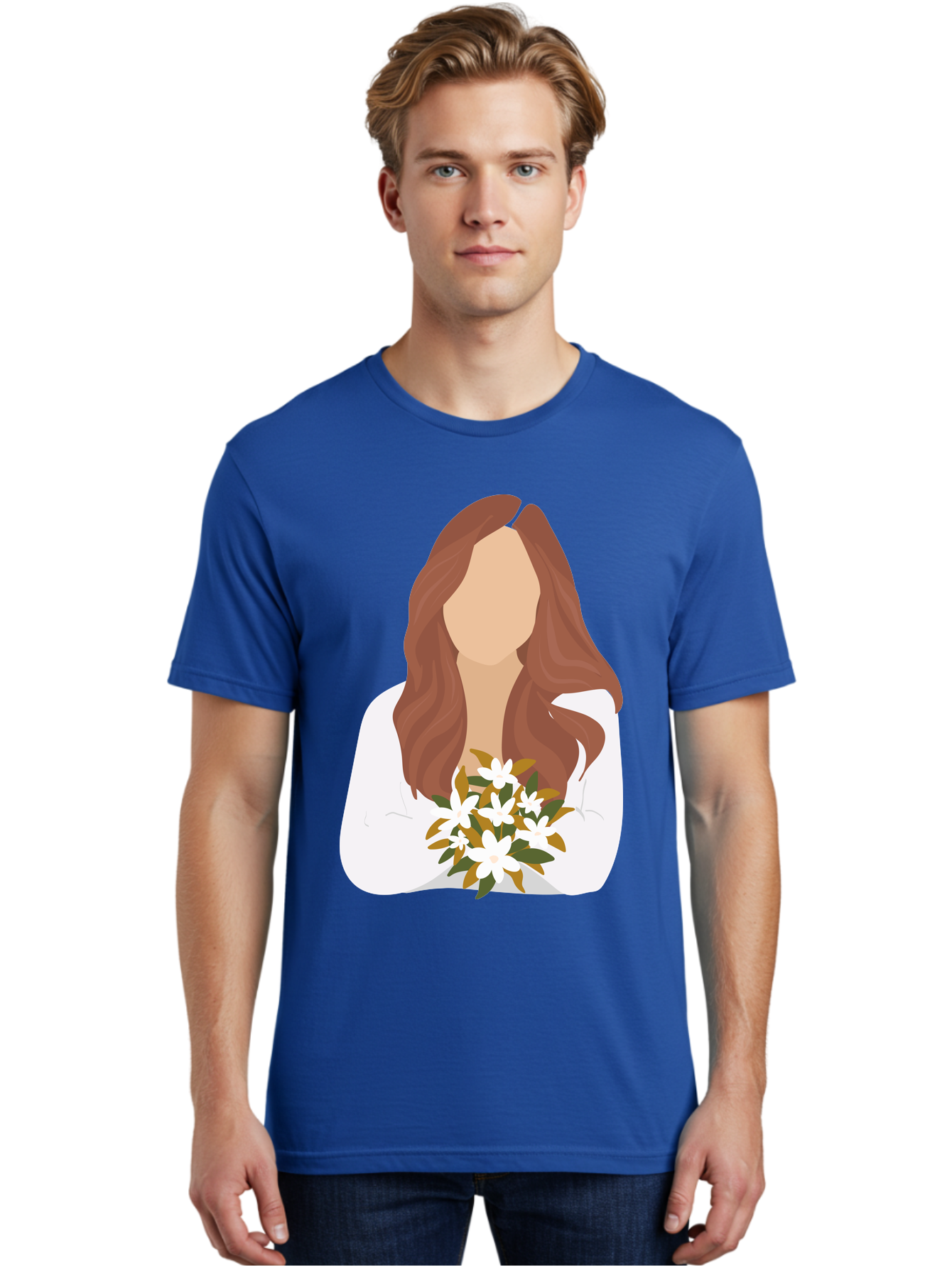 Woman-With-White-Flowers Men'S Graphic Tee, 100% Cotton, Comfortable Casual Summer Wear, Machine Washable, Woman With Long Hair, White Flowers, Bouquet, Elegant Style, Minimalist Design, Faceless Figure, Wavy Locks, Floral Arrangement, Aae083 14