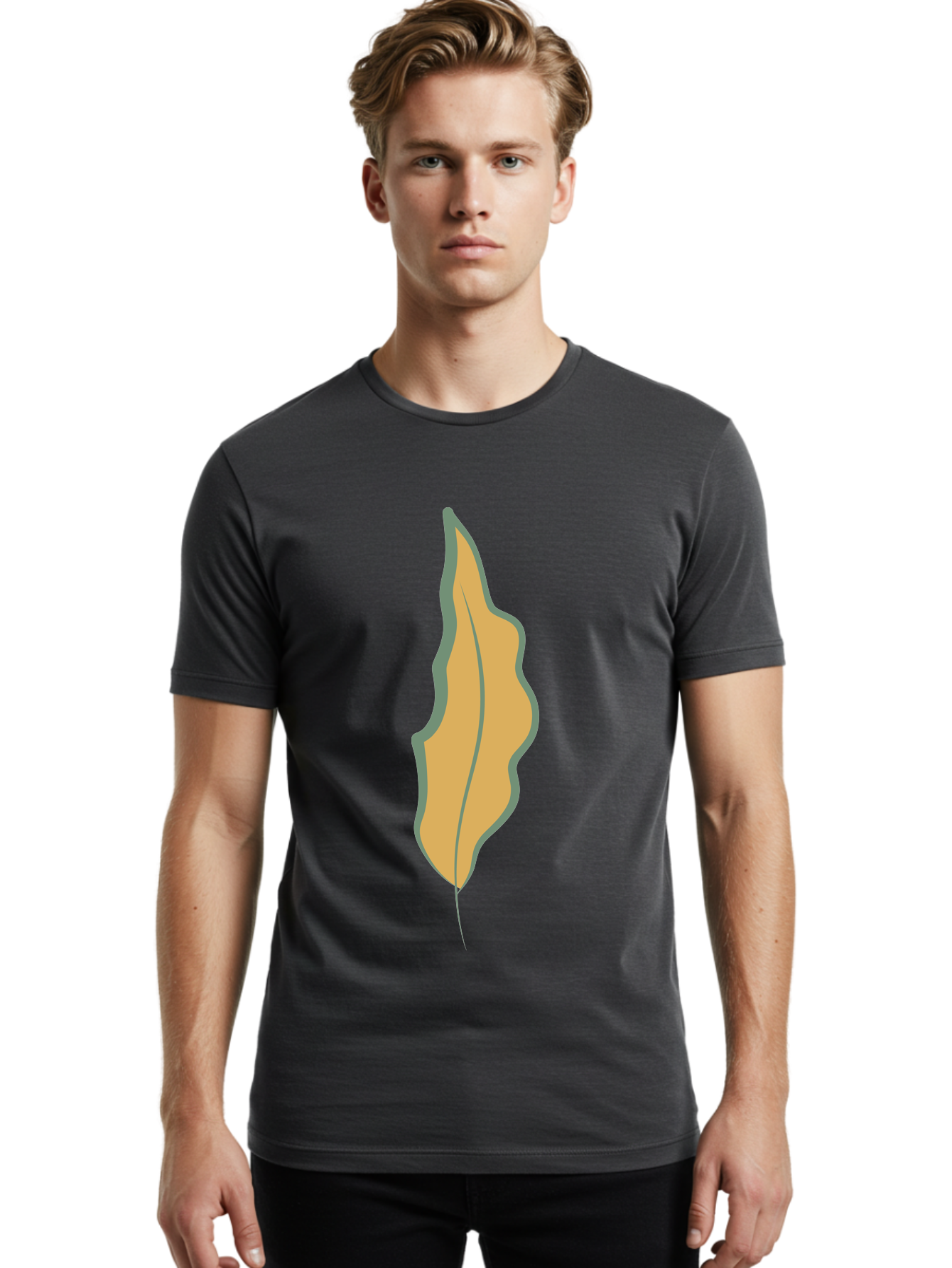 Yellow-Leaf-2 Men'S Graphic Tee, 100% Cotton, Comfortable Casual Summer Wear, Machine Washable, Yellow Leaf, Autumn Leaf, Foliage, Leaf Illustration, Simple Design, Digital Art, Orange Color, Gray Outline Aae086 28