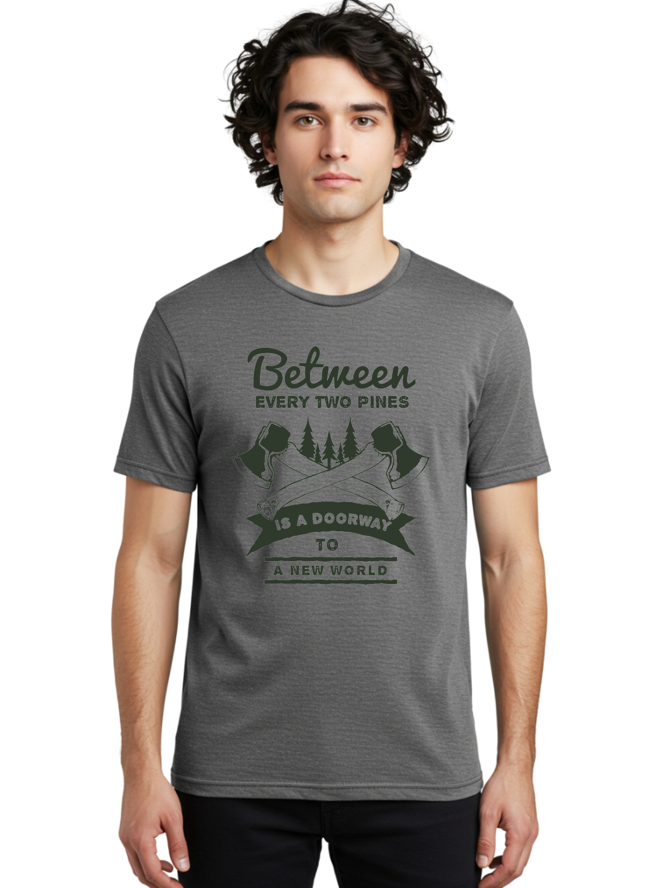 A New World Men'S Graphic Tee, 100% Cotton, Comfortable Casual Summer Wear, Machine Washable, Crossed Axes, Pine Trees, Doorway To A New World, Adventure, Exploration, Wilderness, Outdoors, Travel, Journey, New Beginnings Aae091 26