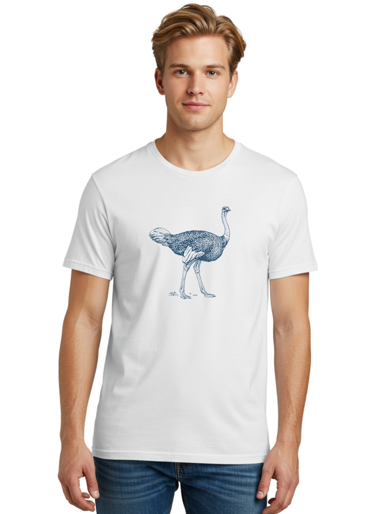 African Ostrich Walk Men'S Graphic Tee, 100% Cotton, Comfortable Casual Summer Wear, Machine Washable, Ostrich Illustration, Bird Drawing, Wildlife Art, Long Neck, Large Bird, Detailed Feathers, Line Art, Fauna, Avian Aae095 8