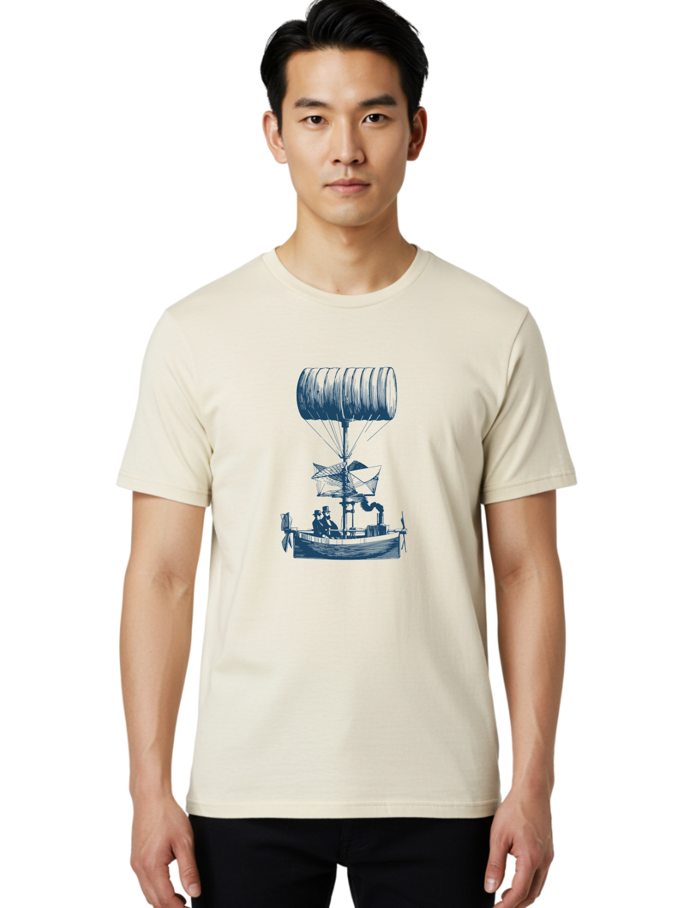 Antique Balloon Boat Men'S Graphic Tee, 100% Cotton, Comfortable Casual Summer Wear, Machine Washable, Flying Ship, Hot Air Balloon, Vintage Illustration, Steampunk Design, Sailing Vessel, Adventurous Spirit, Historic Transportation, Aae105 39