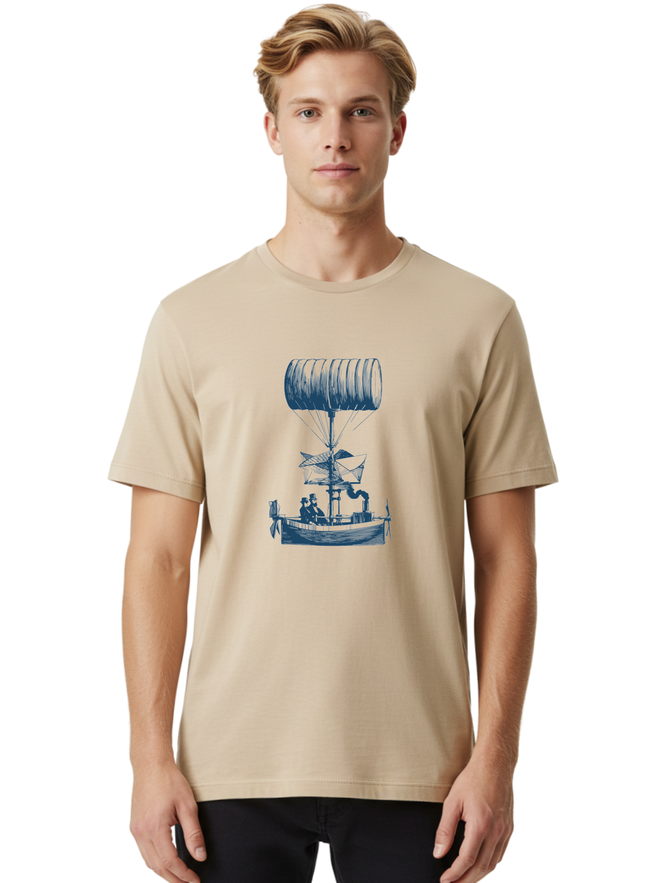 Antique Balloon Boat Men'S Graphic Tee, 100% Cotton, Comfortable Casual Summer Wear, Machine Washable, Flying Ship, Hot Air Balloon, Vintage Illustration, Steampunk Design, Sailing Vessel, Adventurous Spirit, Historic Transportation, Aae105 19