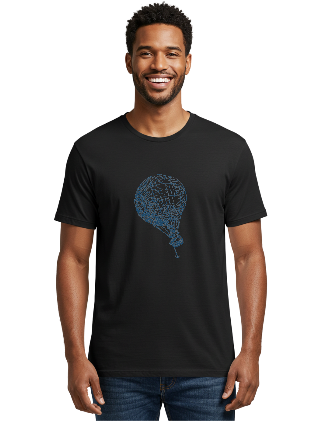 Balloon-Flying Men'S Graphic Tee, 100% Cotton, Comfortable Casual Summer Wear, Machine Washable, Hot Air Balloon, Wireframe Art, Futuristic Design, Blue Neon Lines, 3D Visualization, Abstract Art, Balloon Illustration Aae122 26
