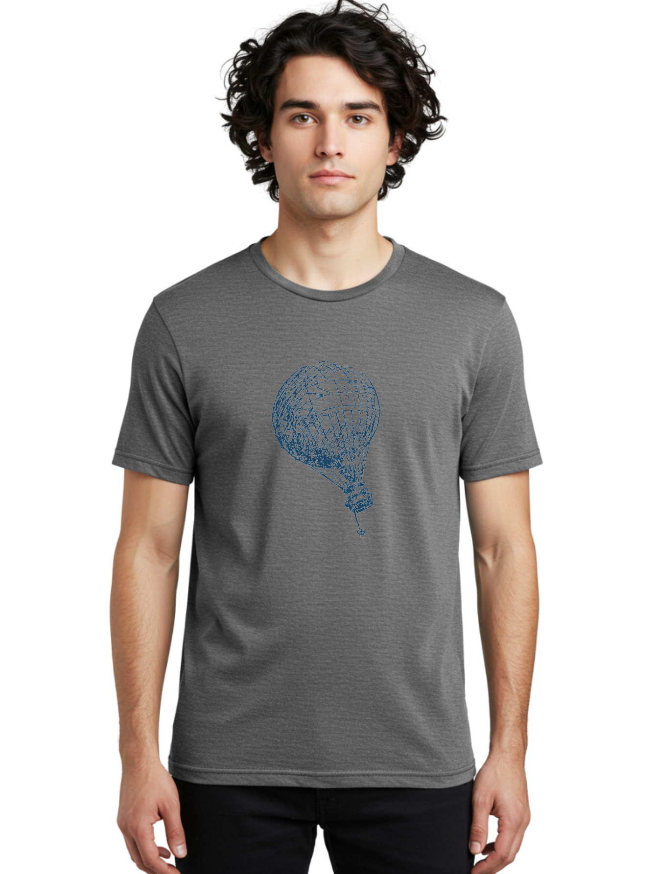 Balloon-Flying Men'S Graphic Tee, 100% Cotton, Comfortable Casual Summer Wear, Machine Washable, Hot Air Balloon, Wireframe Art, Futuristic Design, Blue Neon Lines, 3D Visualization, Abstract Art, Balloon Illustration Aae122 24