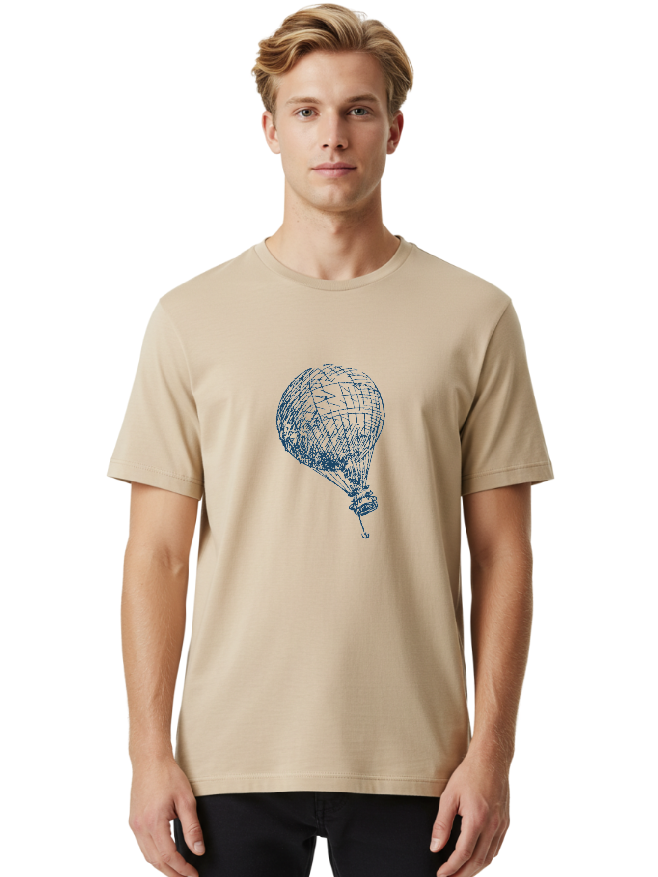 Balloon-Flying Men'S Graphic Tee, 100% Cotton, Comfortable Casual Summer Wear, Machine Washable, Hot Air Balloon, Wireframe Art, Futuristic Design, Blue Neon Lines, 3D Visualization, Abstract Art, Balloon Illustration Aae122 8