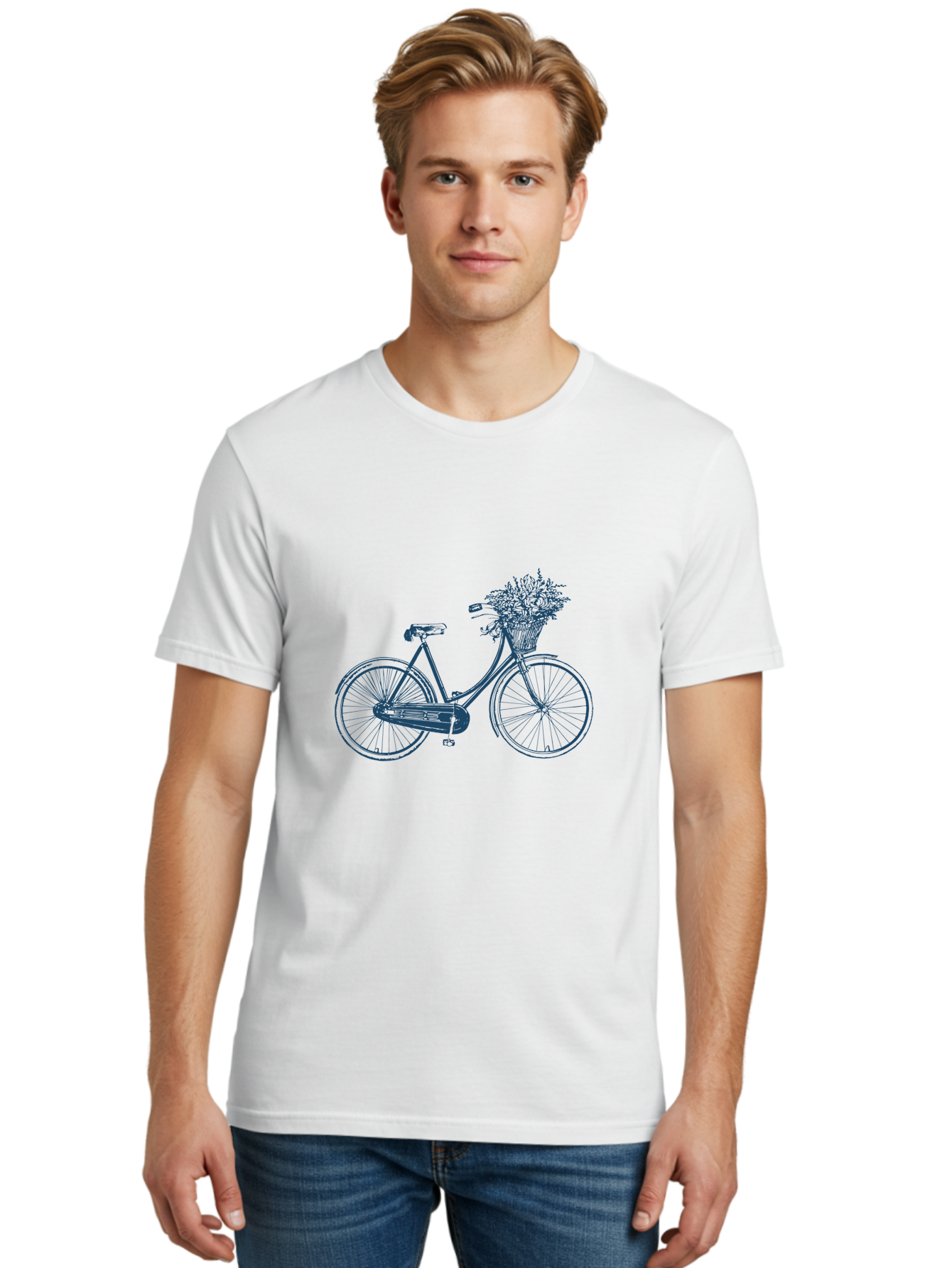 Bike-With-Flowers Men'S Graphic Tee, 100% Cotton, Comfortable Casual Summer Wear, Machine Washable, Vintage Bicycle, Floral Basket, Eco-Friendly Transportation, Sustainable Living, Outdoorsy Feel, Leisurely Ride, Cycling Culture, Aae139 28