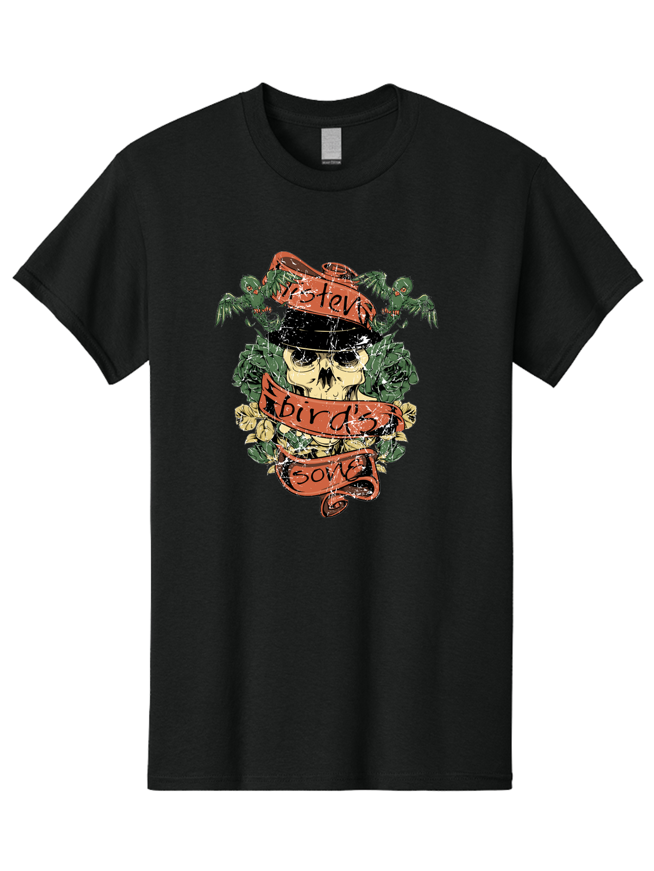 Birds & Bones Men'S Graphic Tee, 100% Cotton, Comfortable Casual Summer Wear, Machine Washable, Skull Wearing Black Hat, Floral Wreath, Red Ribbons, Steve Bird'S Song, Vintage Illustration, Tattoo Art, Grunge Style, Floral Design, Skull Art Aae146 17