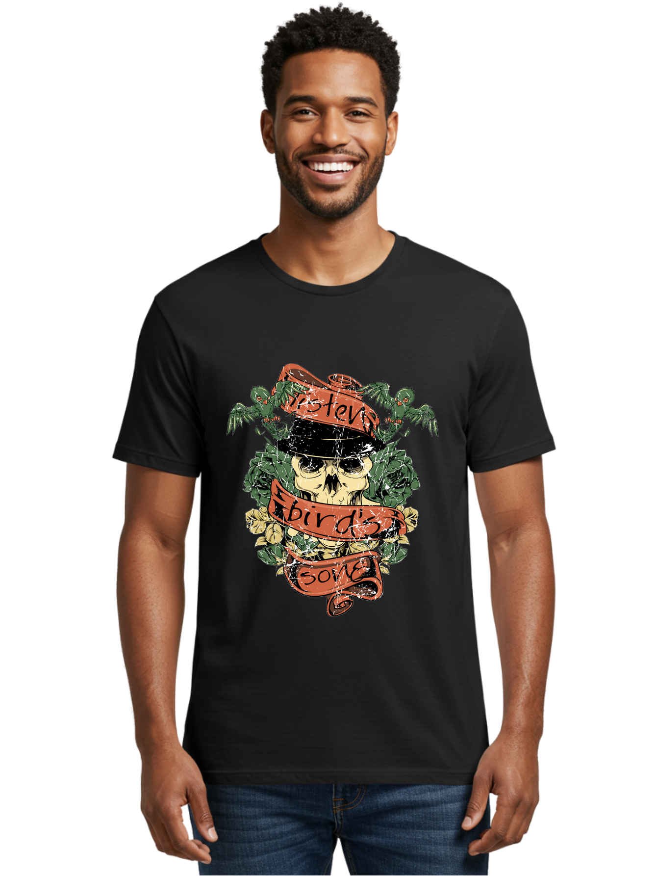 Birds & Bones Men'S Graphic Tee, 100% Cotton, Comfortable Casual Summer Wear, Machine Washable, Skull Wearing Black Hat, Floral Wreath, Red Ribbons, Steve Bird'S Song, Vintage Illustration, Tattoo Art, Grunge Style, Floral Design, Skull Art Aae146 18