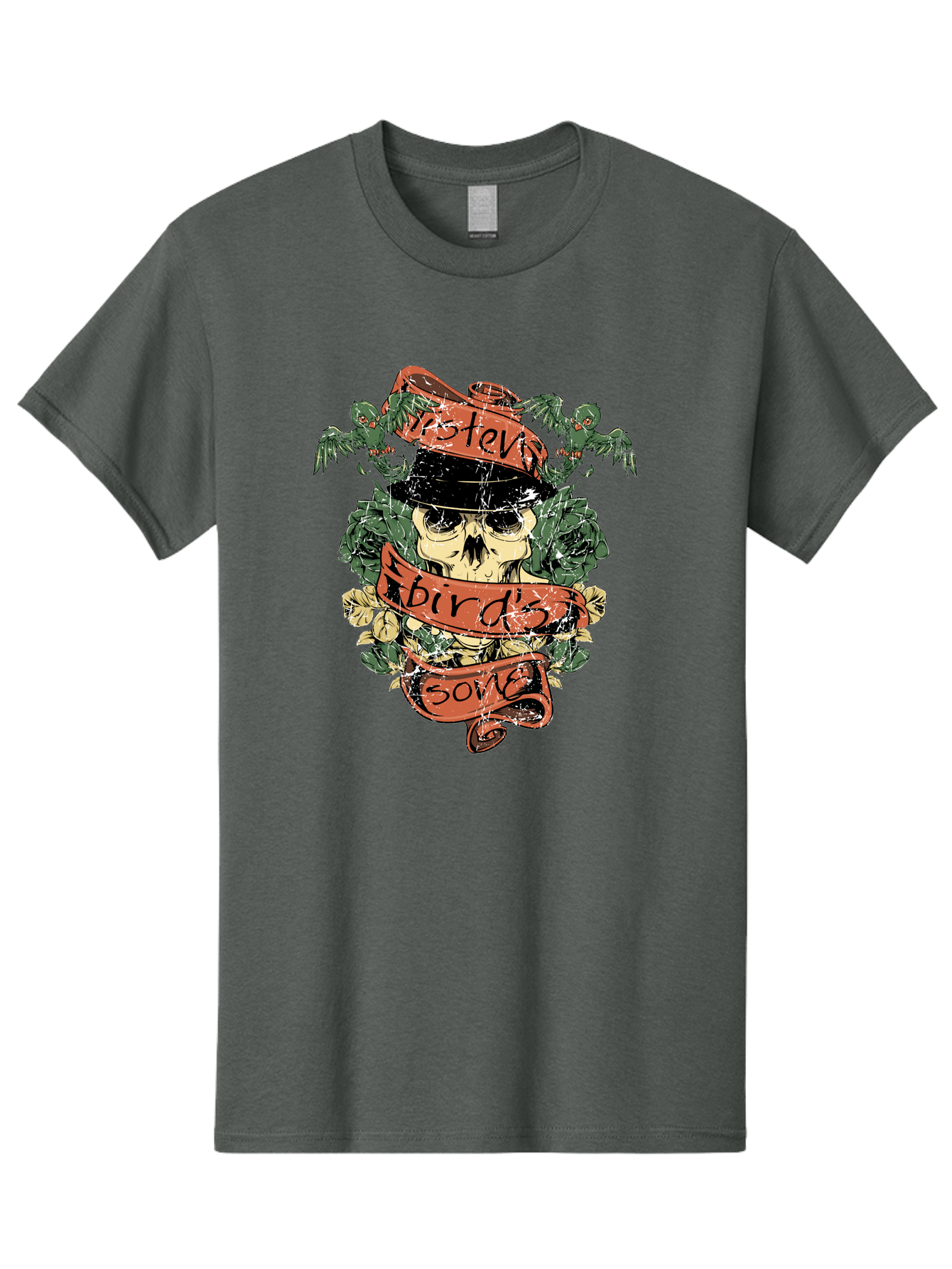 Birds & Bones Men'S Graphic Tee, 100% Cotton, Comfortable Casual Summer Wear, Machine Washable, Skull Wearing Black Hat, Floral Wreath, Red Ribbons, Steve Bird'S Song, Vintage Illustration, Tattoo Art, Grunge Style, Floral Design, Skull Art Aae146 11