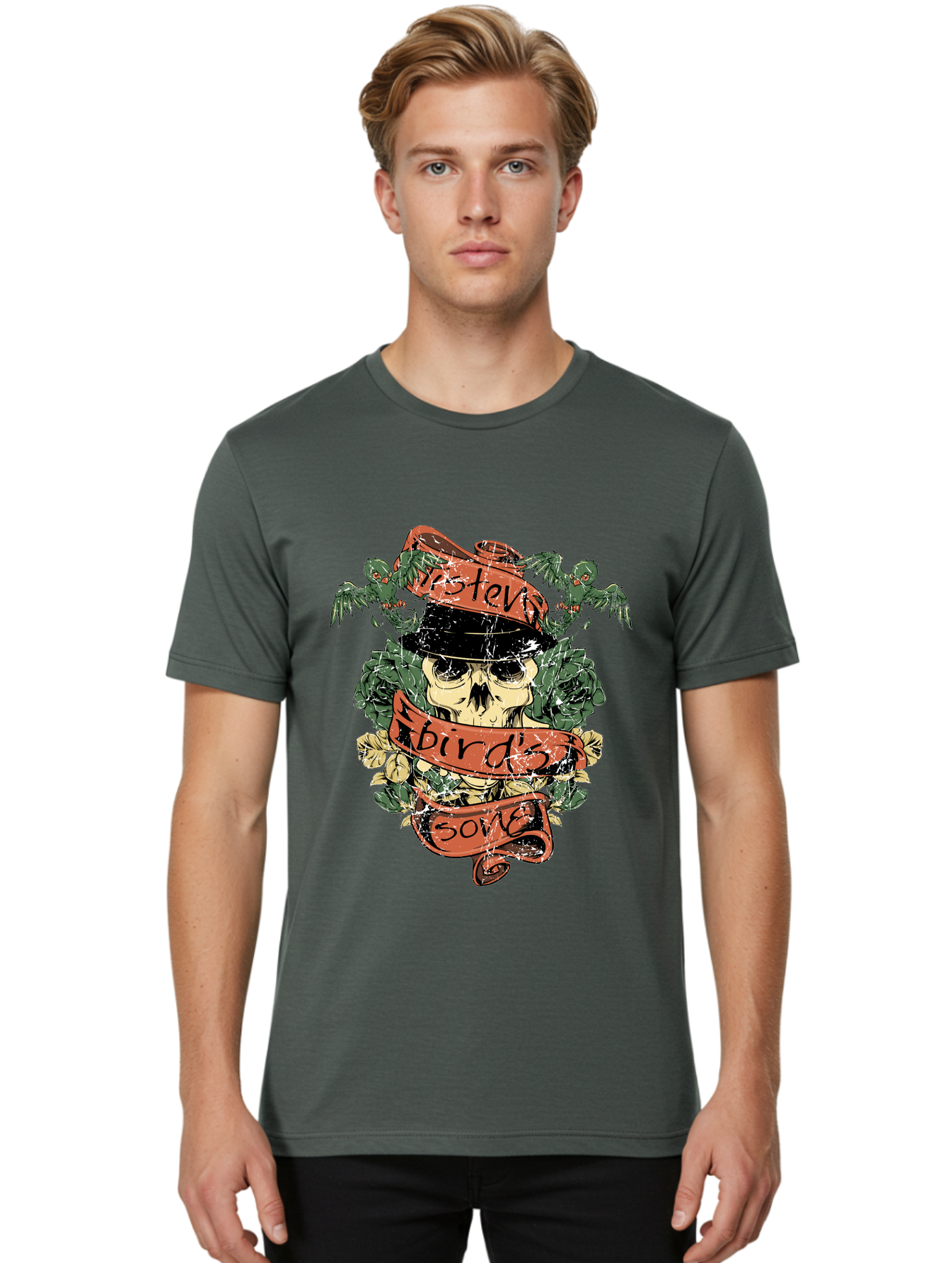 Birds & Bones Men'S Graphic Tee, 100% Cotton, Comfortable Casual Summer Wear, Machine Washable, Skull Wearing Black Hat, Floral Wreath, Red Ribbons, Steve Bird'S Song, Vintage Illustration, Tattoo Art, Grunge Style, Floral Design, Skull Art Aae146 12