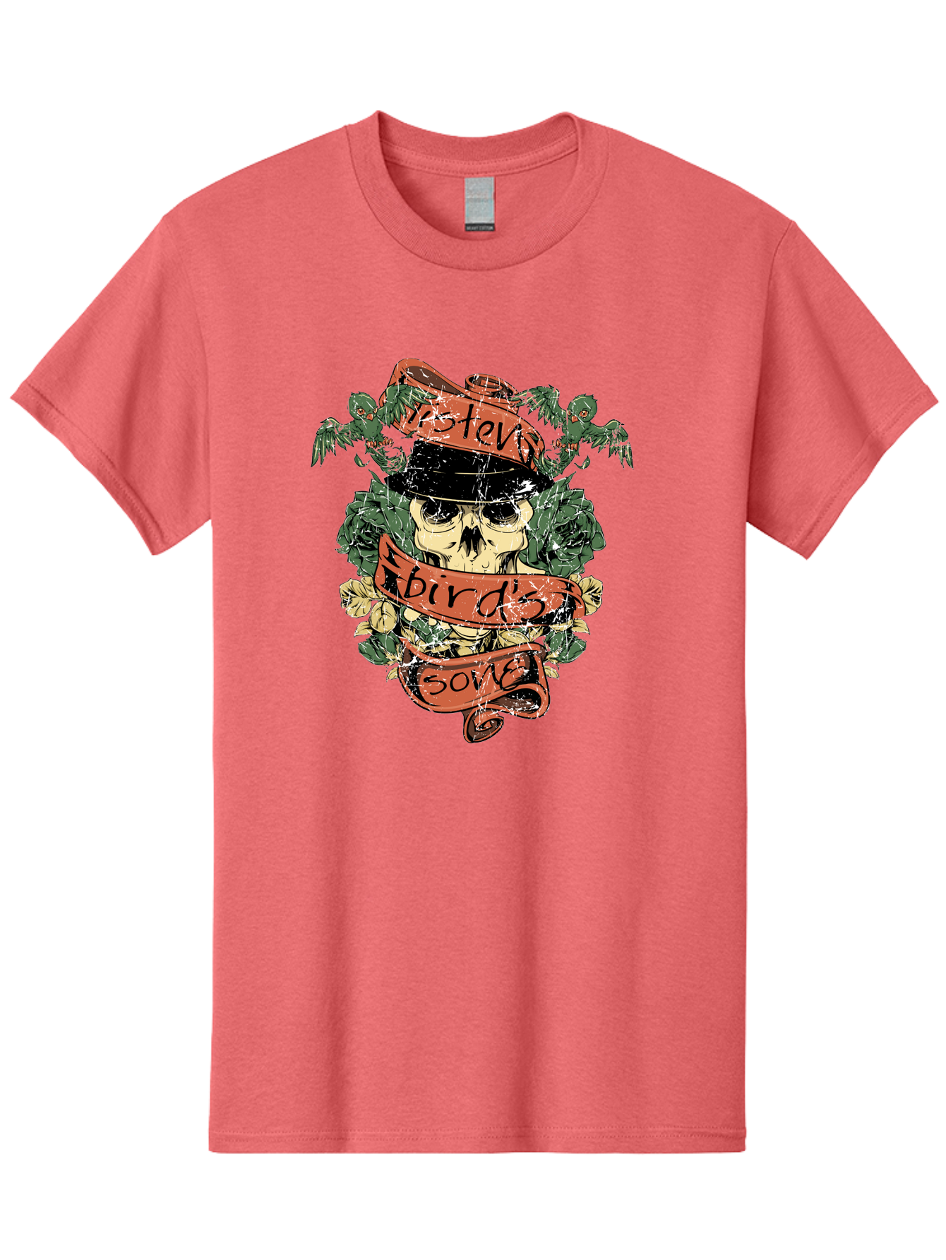 Birds & Bones Men'S Graphic Tee, 100% Cotton, Comfortable Casual Summer Wear, Machine Washable, Skull Wearing Black Hat, Floral Wreath, Red Ribbons, Steve Bird'S Song, Vintage Illustration, Tattoo Art, Grunge Style, Floral Design, Skull Art Aae146 15