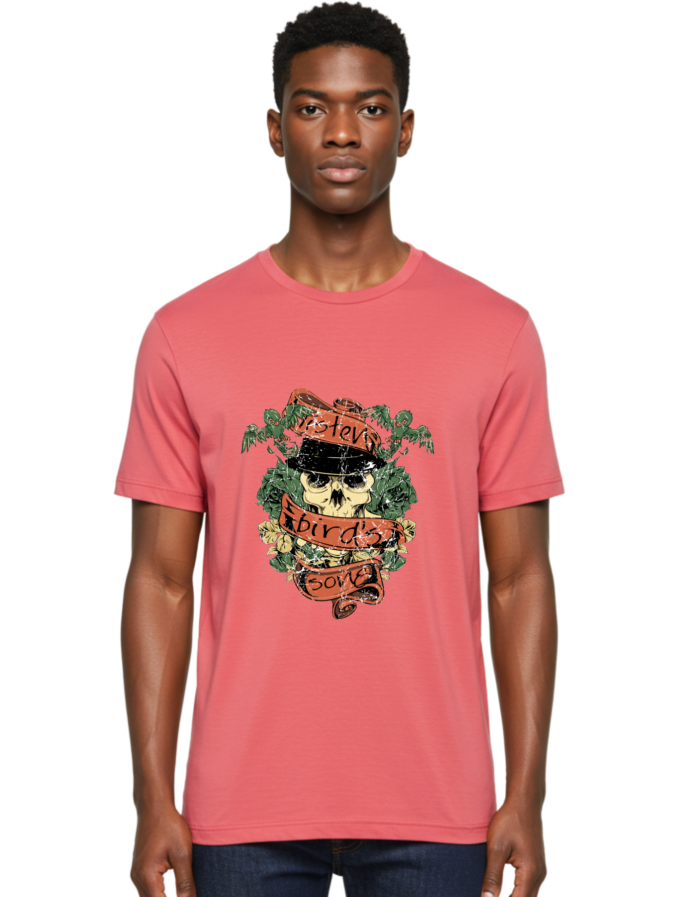 Birds & Bones Men'S Graphic Tee, 100% Cotton, Comfortable Casual Summer Wear, Machine Washable, Skull Wearing Black Hat, Floral Wreath, Red Ribbons, Steve Bird'S Song, Vintage Illustration, Tattoo Art, Grunge Style, Floral Design, Skull Art Aae146 16