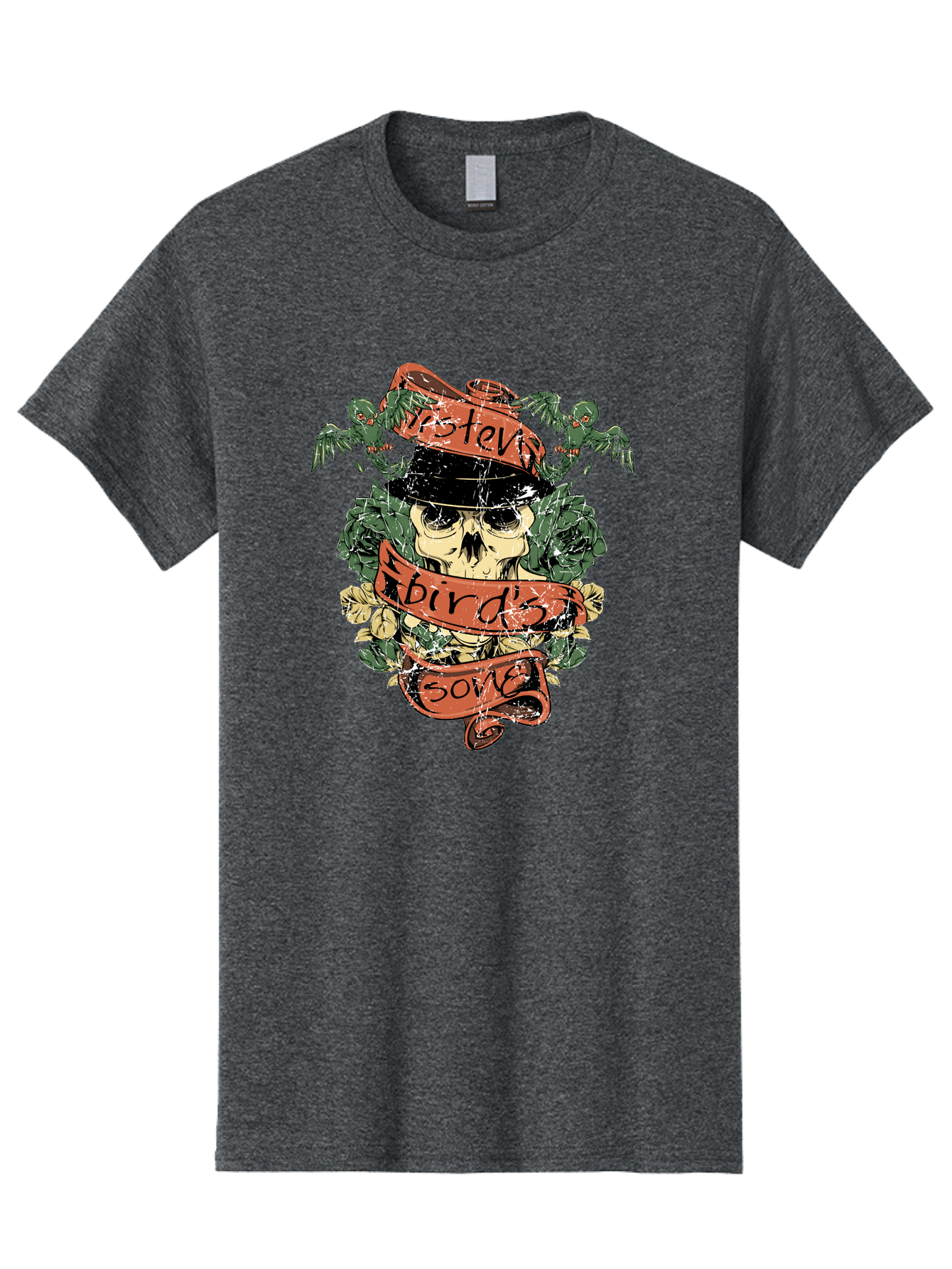 Birds & Bones Men'S Graphic Tee, 100% Cotton, Comfortable Casual Summer Wear, Machine Washable, Skull Wearing Black Hat, Floral Wreath, Red Ribbons, Steve Bird'S Song, Vintage Illustration, Tattoo Art, Grunge Style, Floral Design, Skull Art Aae146 25