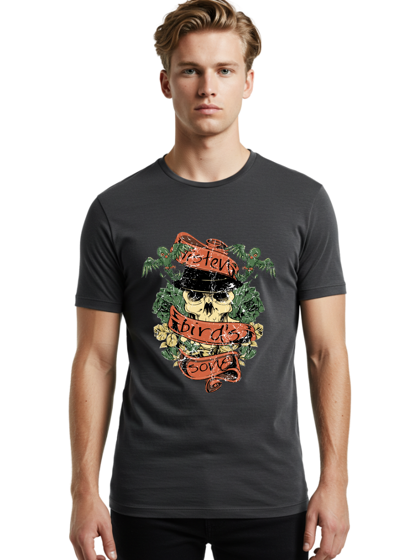 Birds & Bones Men'S Graphic Tee, 100% Cotton, Comfortable Casual Summer Wear, Machine Washable, Skull Wearing Black Hat, Floral Wreath, Red Ribbons, Steve Bird'S Song, Vintage Illustration, Tattoo Art, Grunge Style, Floral Design, Skull Art Aae146 26