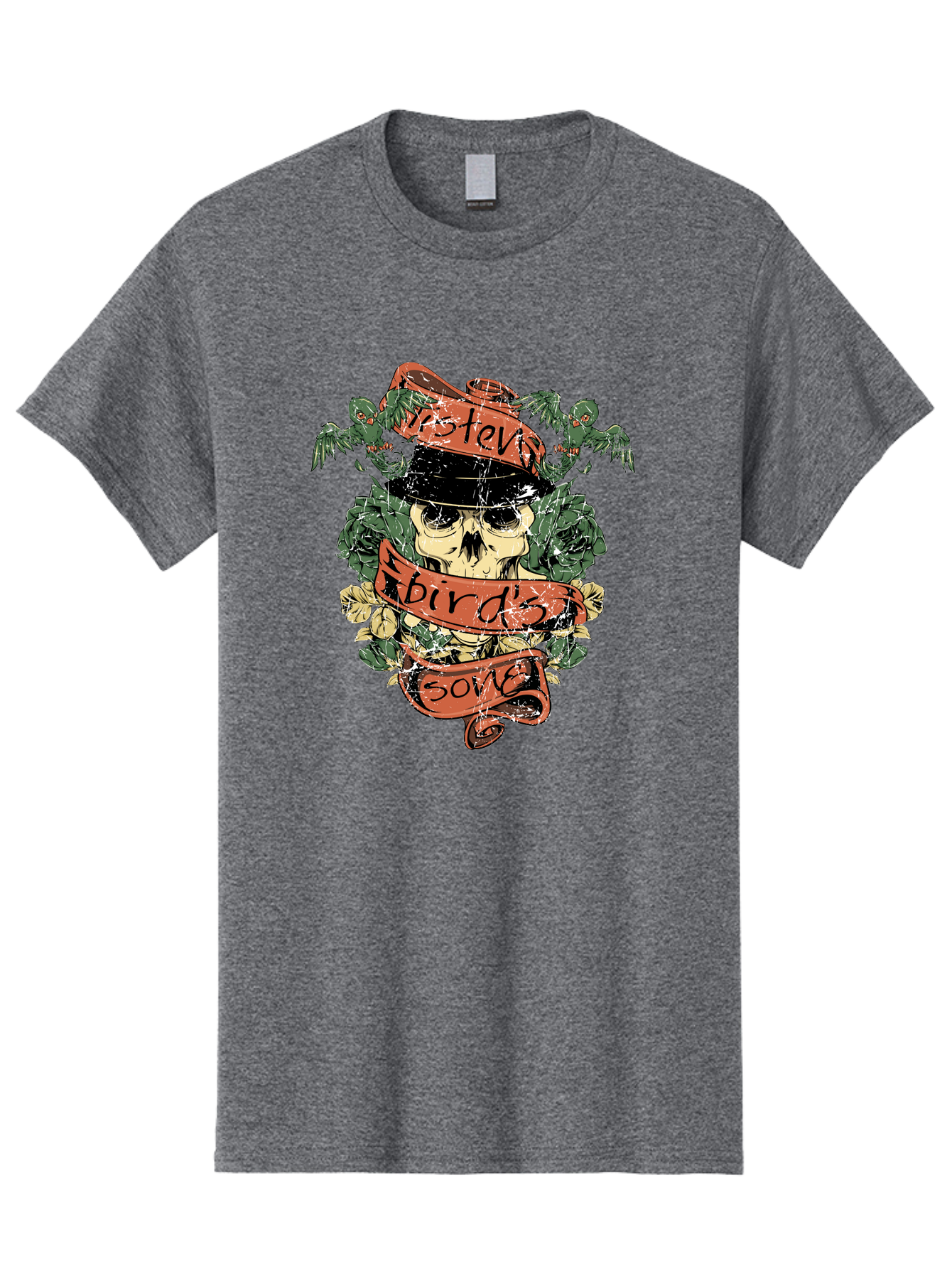 Birds & Bones Men'S Graphic Tee, 100% Cotton, Comfortable Casual Summer Wear, Machine Washable, Skull Wearing Black Hat, Floral Wreath, Red Ribbons, Steve Bird'S Song, Vintage Illustration, Tattoo Art, Grunge Style, Floral Design, Skull Art Aae146 9