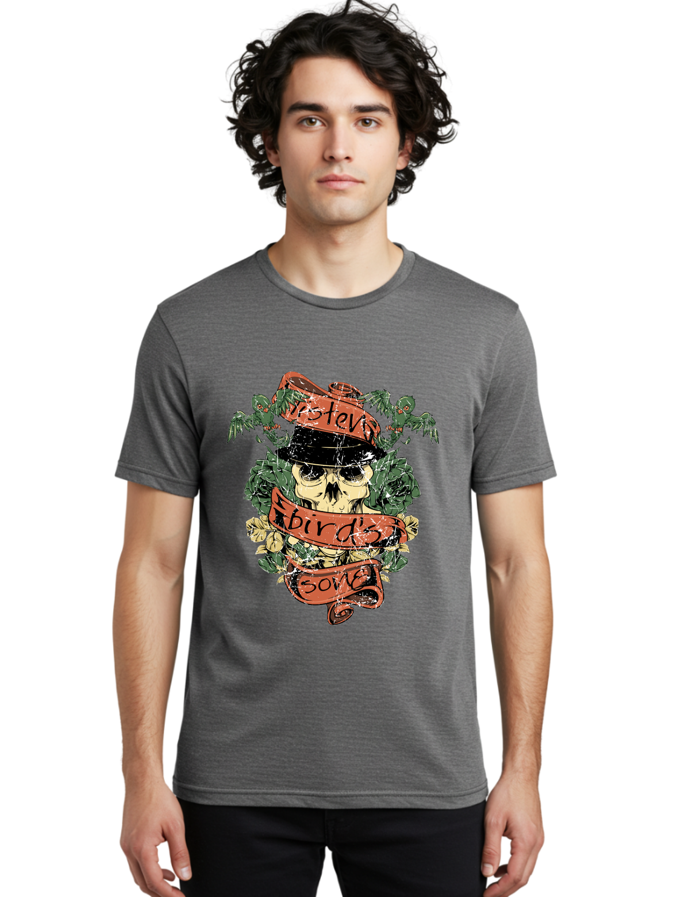 Birds & Bones Men'S Graphic Tee, 100% Cotton, Comfortable Casual Summer Wear, Machine Washable, Skull Wearing Black Hat, Floral Wreath, Red Ribbons, Steve Bird'S Song, Vintage Illustration, Tattoo Art, Grunge Style, Floral Design, Skull Art Aae146 10