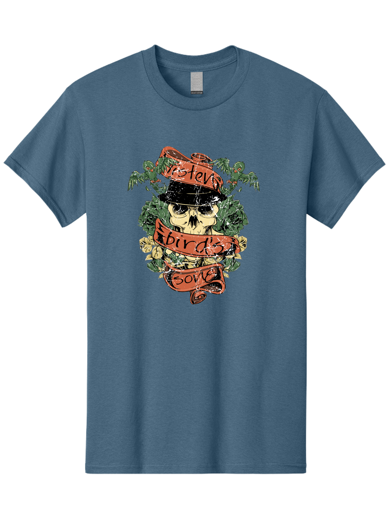 Birds & Bones Men'S Graphic Tee, 100% Cotton, Comfortable Casual Summer Wear, Machine Washable, Skull Wearing Black Hat, Floral Wreath, Red Ribbons, Steve Bird'S Song, Vintage Illustration, Tattoo Art, Grunge Style, Floral Design, Skull Art Aae146 29