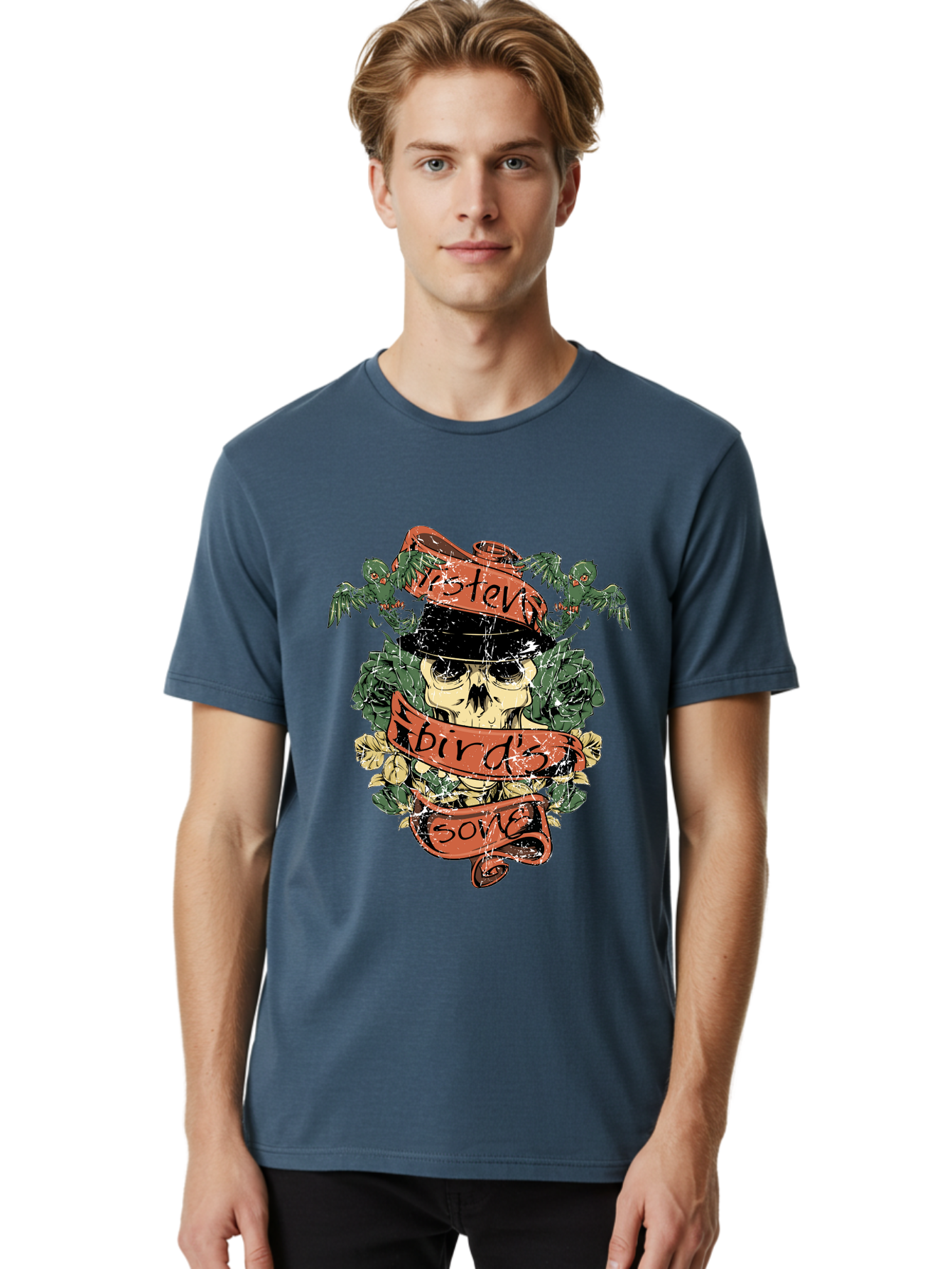 Birds & Bones Men'S Graphic Tee, 100% Cotton, Comfortable Casual Summer Wear, Machine Washable, Skull Wearing Black Hat, Floral Wreath, Red Ribbons, Steve Bird'S Song, Vintage Illustration, Tattoo Art, Grunge Style, Floral Design, Skull Art Aae146 30