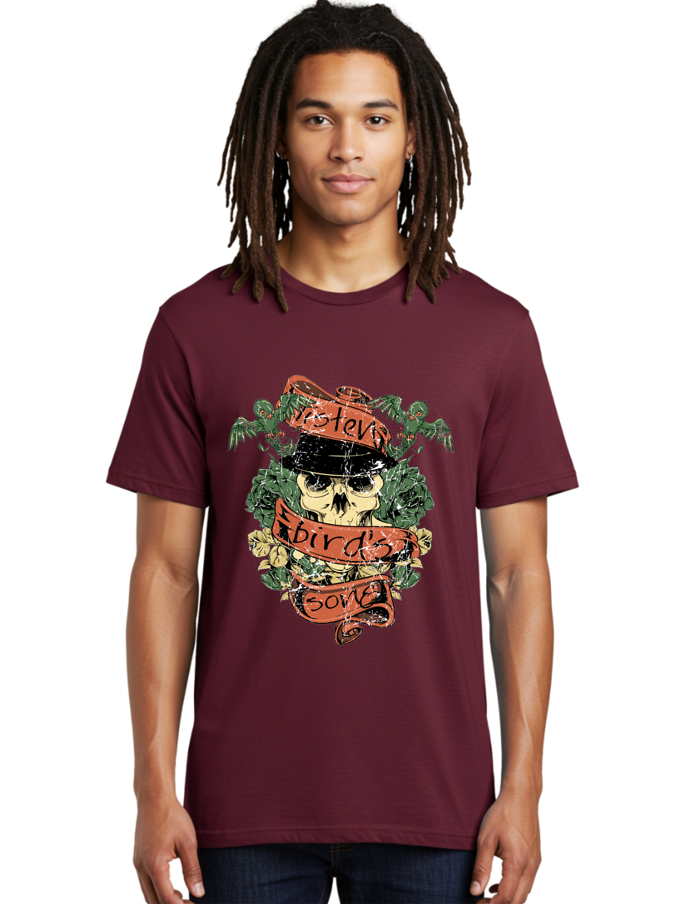 Birds & Bones Men'S Graphic Tee, 100% Cotton, Comfortable Casual Summer Wear, Machine Washable, Skull Wearing Black Hat, Floral Wreath, Red Ribbons, Steve Bird'S Song, Vintage Illustration, Tattoo Art, Grunge Style, Floral Design, Skull Art Aae146 2