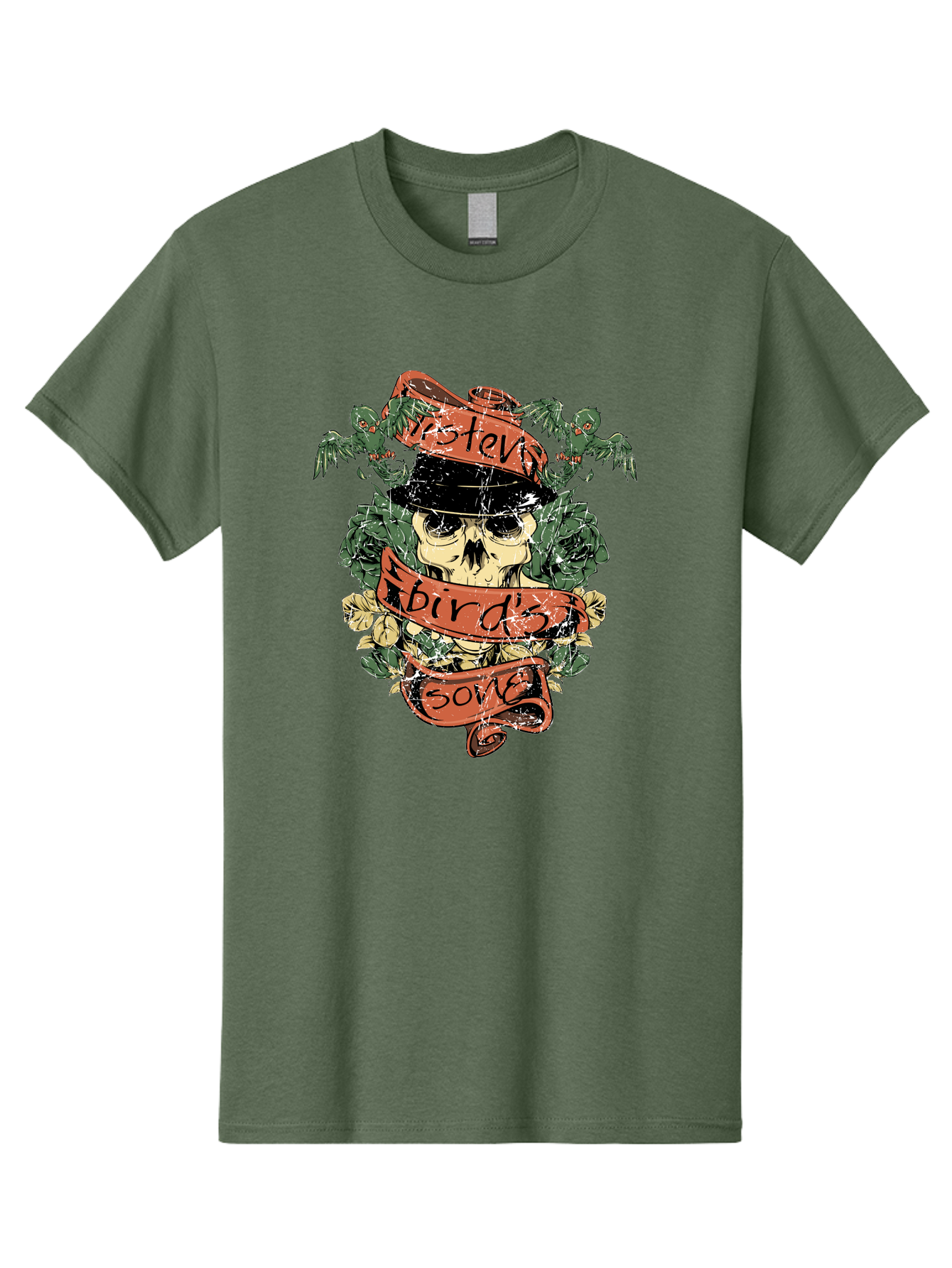 Birds & Bones Men'S Graphic Tee, 100% Cotton, Comfortable Casual Summer Wear, Machine Washable, Skull Wearing Black Hat, Floral Wreath, Red Ribbons, Steve Bird'S Song, Vintage Illustration, Tattoo Art, Grunge Style, Floral Design, Skull Art Aae146 21