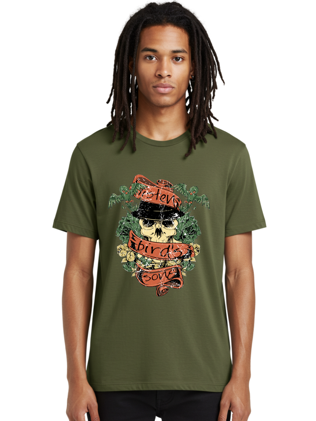 Birds & Bones Men'S Graphic Tee, 100% Cotton, Comfortable Casual Summer Wear, Machine Washable, Skull Wearing Black Hat, Floral Wreath, Red Ribbons, Steve Bird'S Song, Vintage Illustration, Tattoo Art, Grunge Style, Floral Design, Skull Art Aae146 22