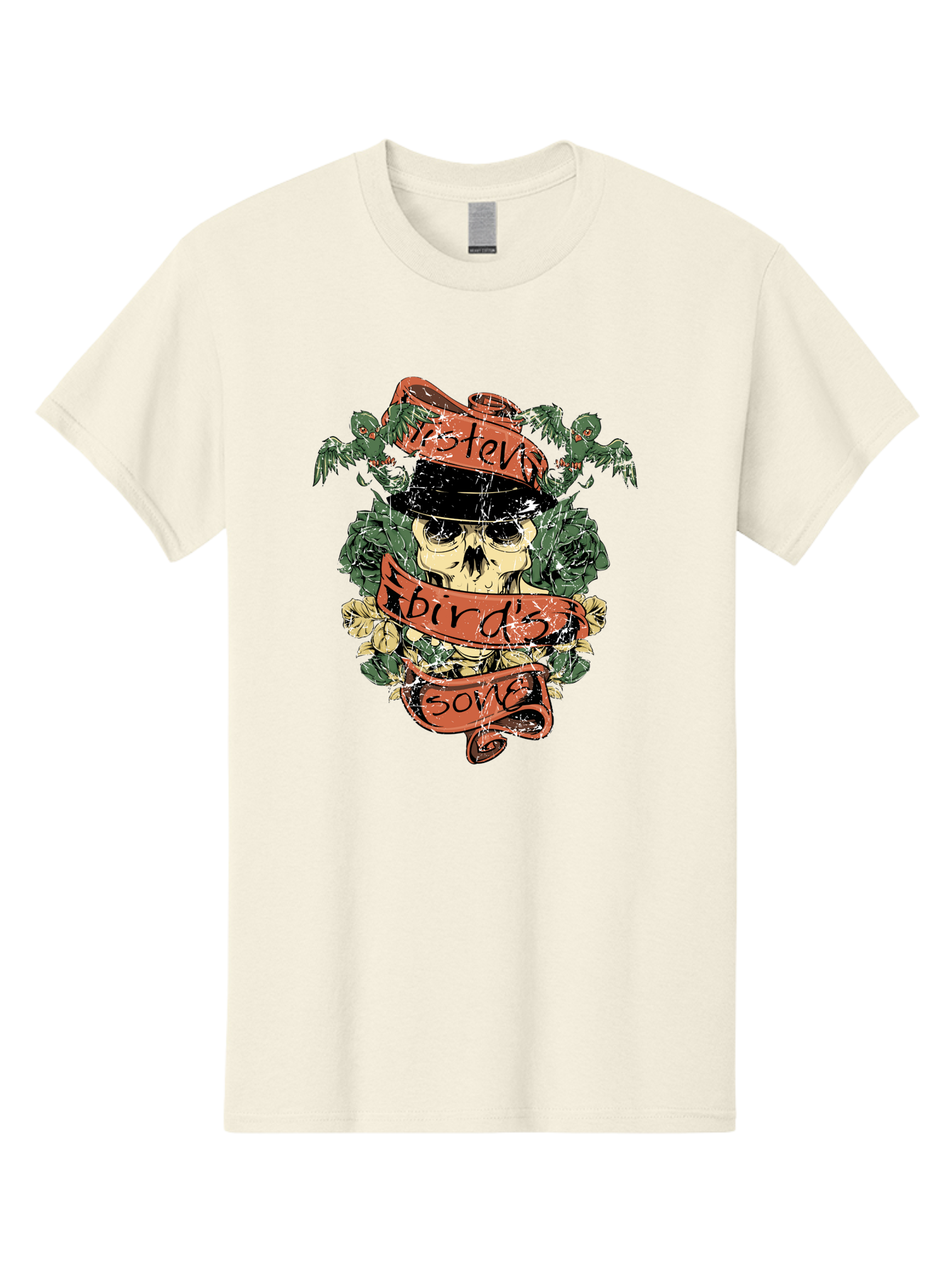 Birds & Bones Men'S Graphic Tee, 100% Cotton, Comfortable Casual Summer Wear, Machine Washable, Skull Wearing Black Hat, Floral Wreath, Red Ribbons, Steve Bird'S Song, Vintage Illustration, Tattoo Art, Grunge Style, Floral Design, Skull Art Aae146 19