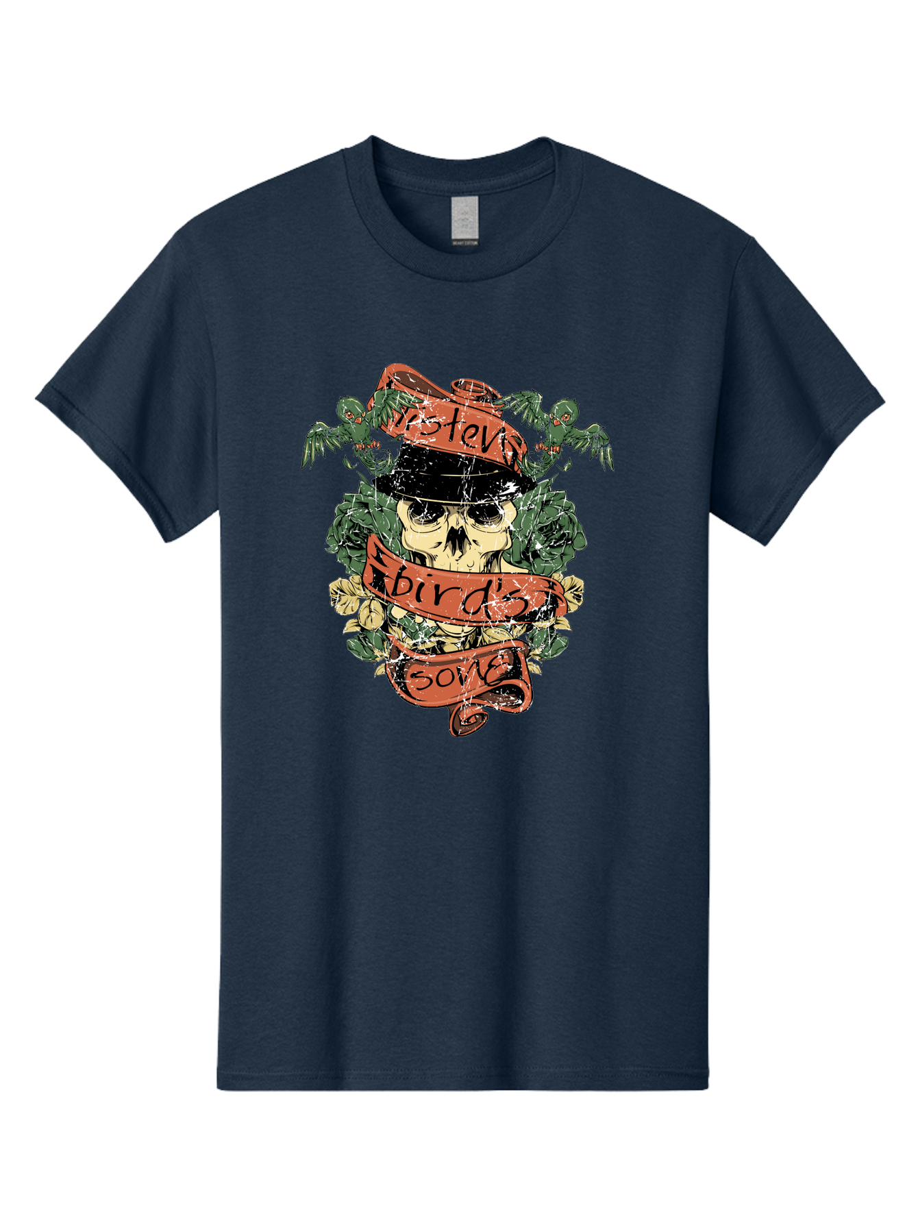 Birds & Bones Men'S Graphic Tee, 100% Cotton, Comfortable Casual Summer Wear, Machine Washable, Skull Wearing Black Hat, Floral Wreath, Red Ribbons, Steve Bird'S Song, Vintage Illustration, Tattoo Art, Grunge Style, Floral Design, Skull Art Aae146 3