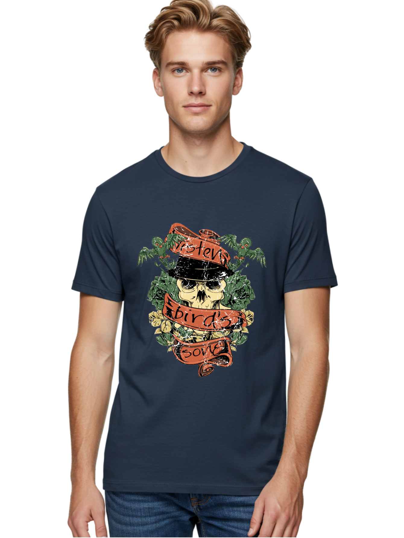 Birds & Bones Men'S Graphic Tee, 100% Cotton, Comfortable Casual Summer Wear, Machine Washable, Skull Wearing Black Hat, Floral Wreath, Red Ribbons, Steve Bird'S Song, Vintage Illustration, Tattoo Art, Grunge Style, Floral Design, Skull Art Aae146 4