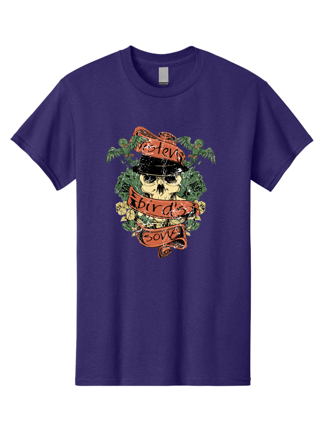 Birds & Bones Men'S Graphic Tee, 100% Cotton, Comfortable Casual Summer Wear, Machine Washable, Skull Wearing Black Hat, Floral Wreath, Red Ribbons, Steve Bird'S Song, Vintage Illustration, Tattoo Art, Grunge Style, Floral Design, Skull Art Aae146 27