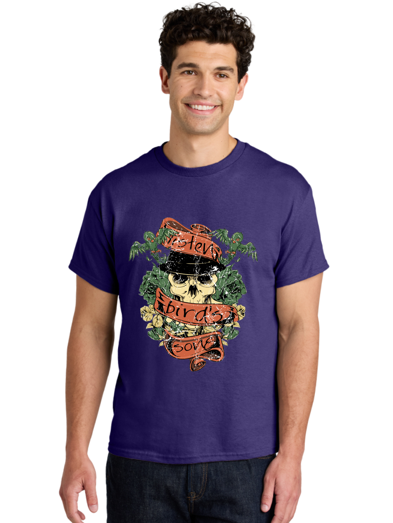 Birds & Bones Men'S Graphic Tee, 100% Cotton, Comfortable Casual Summer Wear, Machine Washable, Skull Wearing Black Hat, Floral Wreath, Red Ribbons, Steve Bird'S Song, Vintage Illustration, Tattoo Art, Grunge Style, Floral Design, Skull Art Aae146 28
