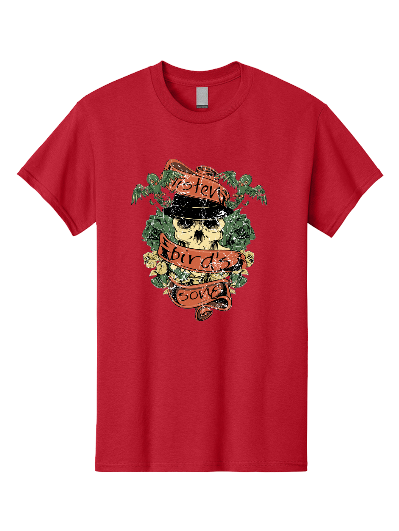 Birds & Bones Men'S Graphic Tee, 100% Cotton, Comfortable Casual Summer Wear, Machine Washable, Skull Wearing Black Hat, Floral Wreath, Red Ribbons, Steve Bird'S Song, Vintage Illustration, Tattoo Art, Grunge Style, Floral Design, Skull Art Aae146 13