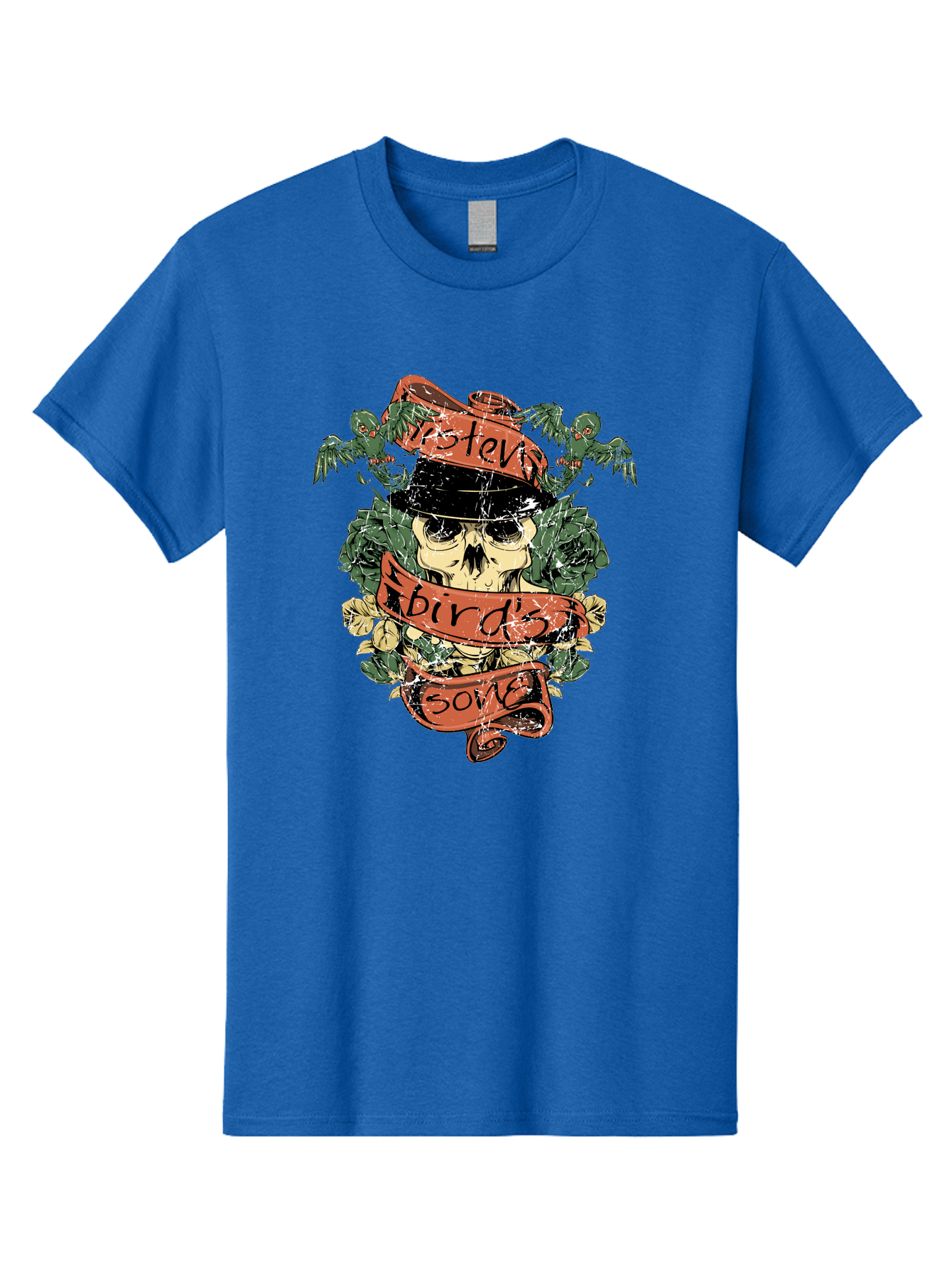 Birds & Bones Men'S Graphic Tee, 100% Cotton, Comfortable Casual Summer Wear, Machine Washable, Skull Wearing Black Hat, Floral Wreath, Red Ribbons, Steve Bird'S Song, Vintage Illustration, Tattoo Art, Grunge Style, Floral Design, Skull Art Aae146 23